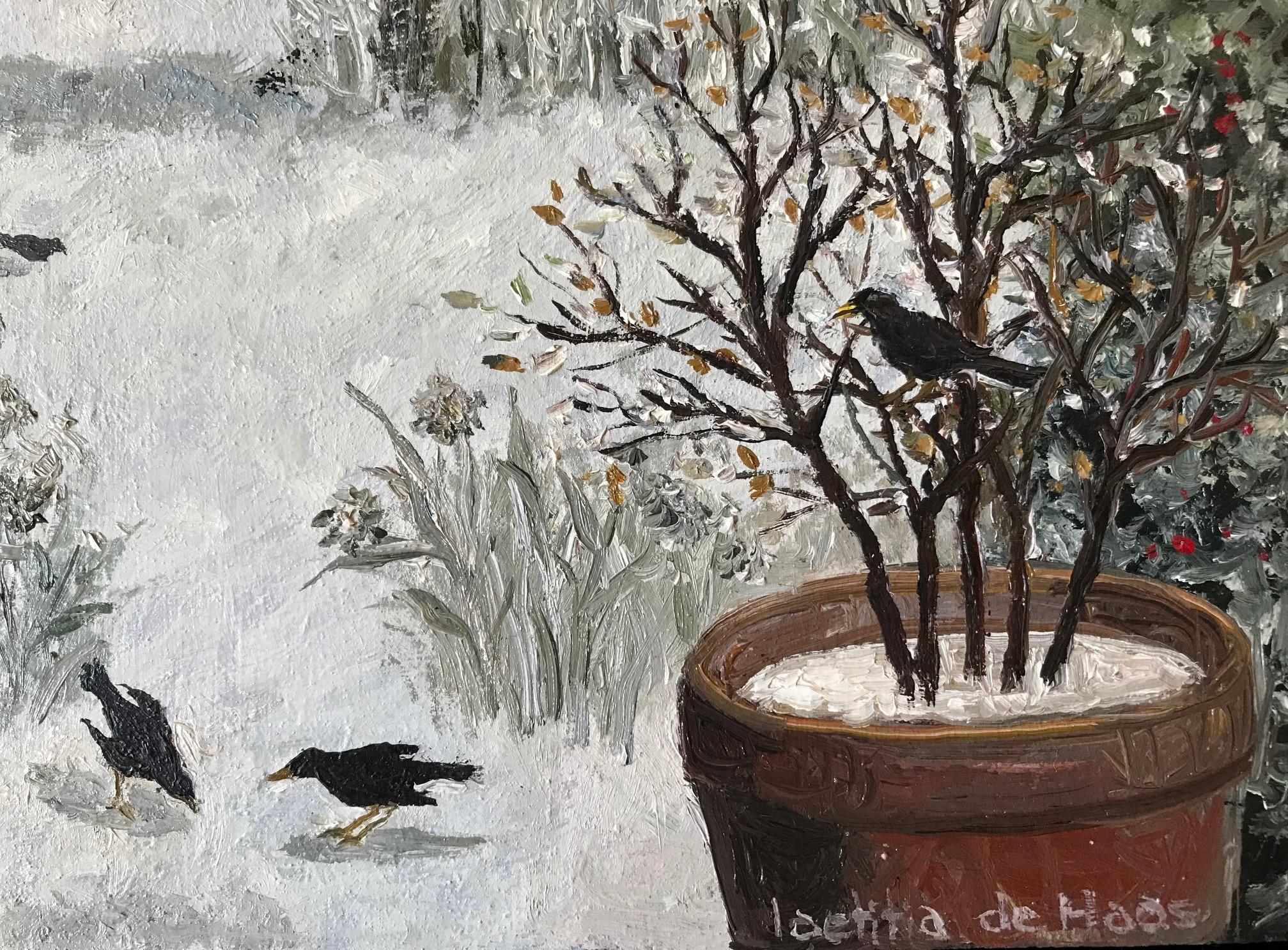 ''Birds in a Winter Garden'' Cosy Dutch Painting of a Garden in Winter - Gray Figurative Painting by Laetitia de Haas