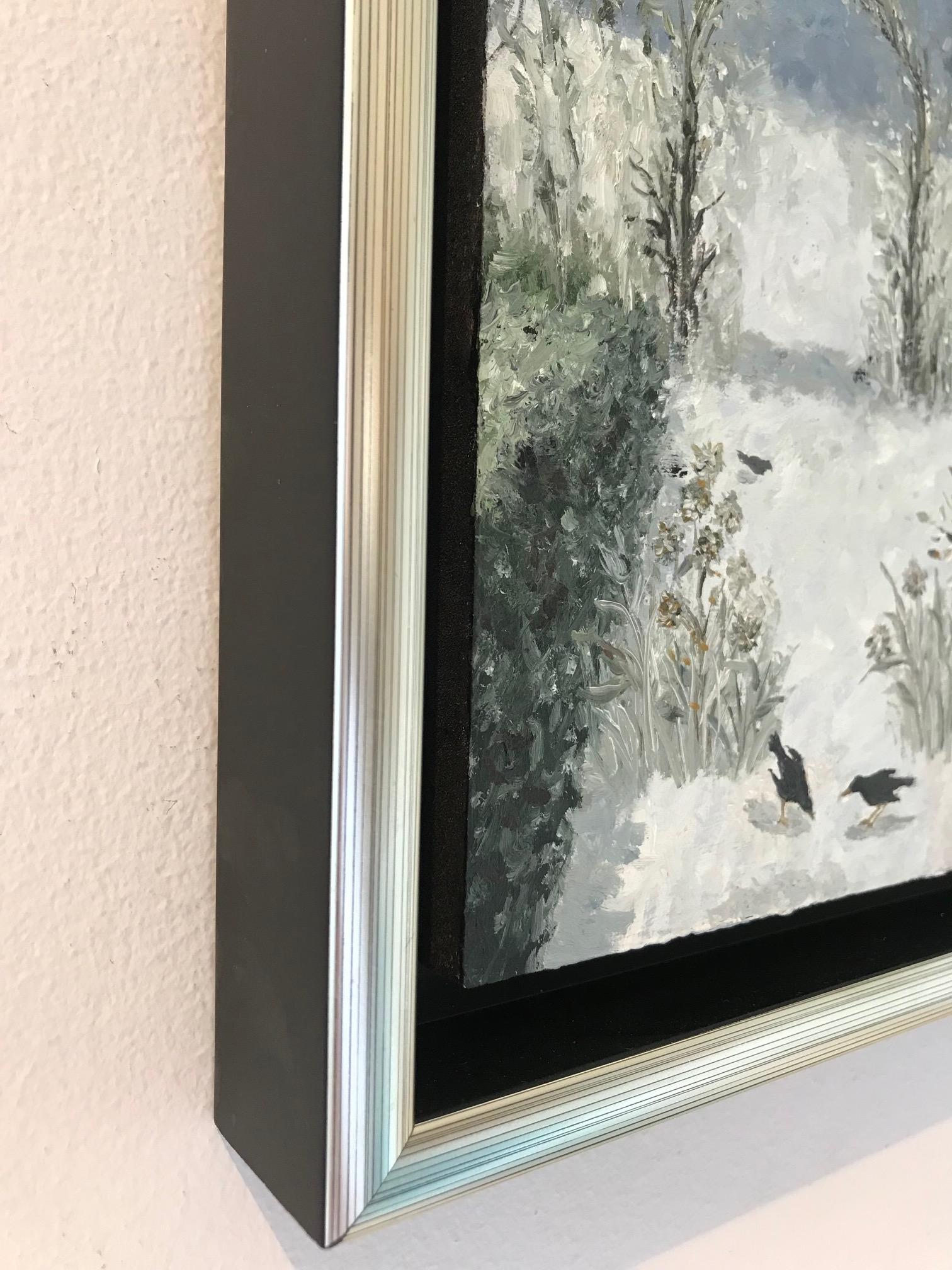 « Oiseaux dans un jardin d'hiver » - Peinture néerlandaise cosy d'un jardin d'hiver en vente 1