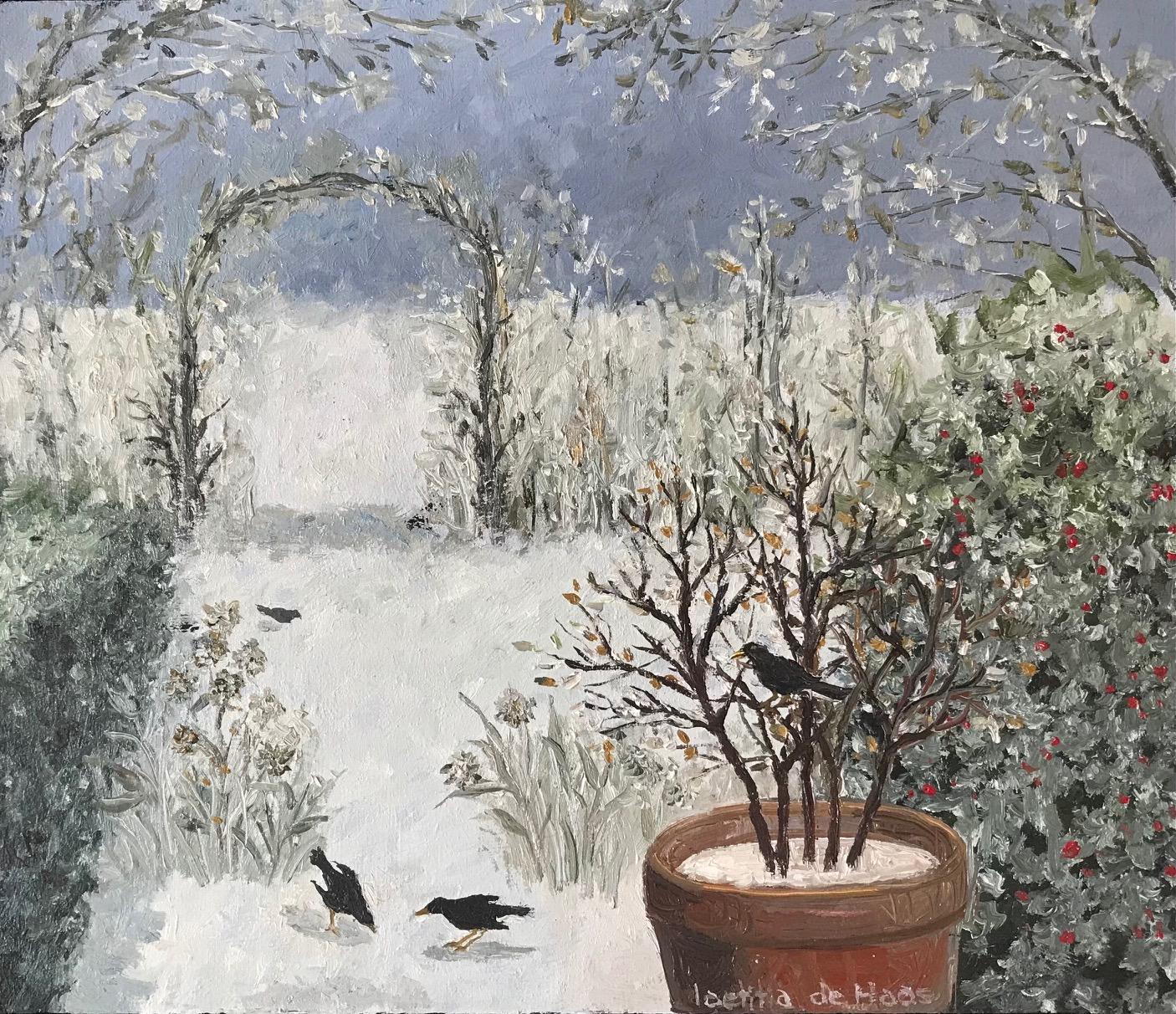 Figurative Painting Laetitia de Haas - « Oiseaux dans un jardin d'hiver » - Peinture néerlandaise cosy d'un jardin d'hiver