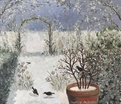 ''Birds in a Winter Garden'' Cosy Dutch Painting of a Garden in Winter