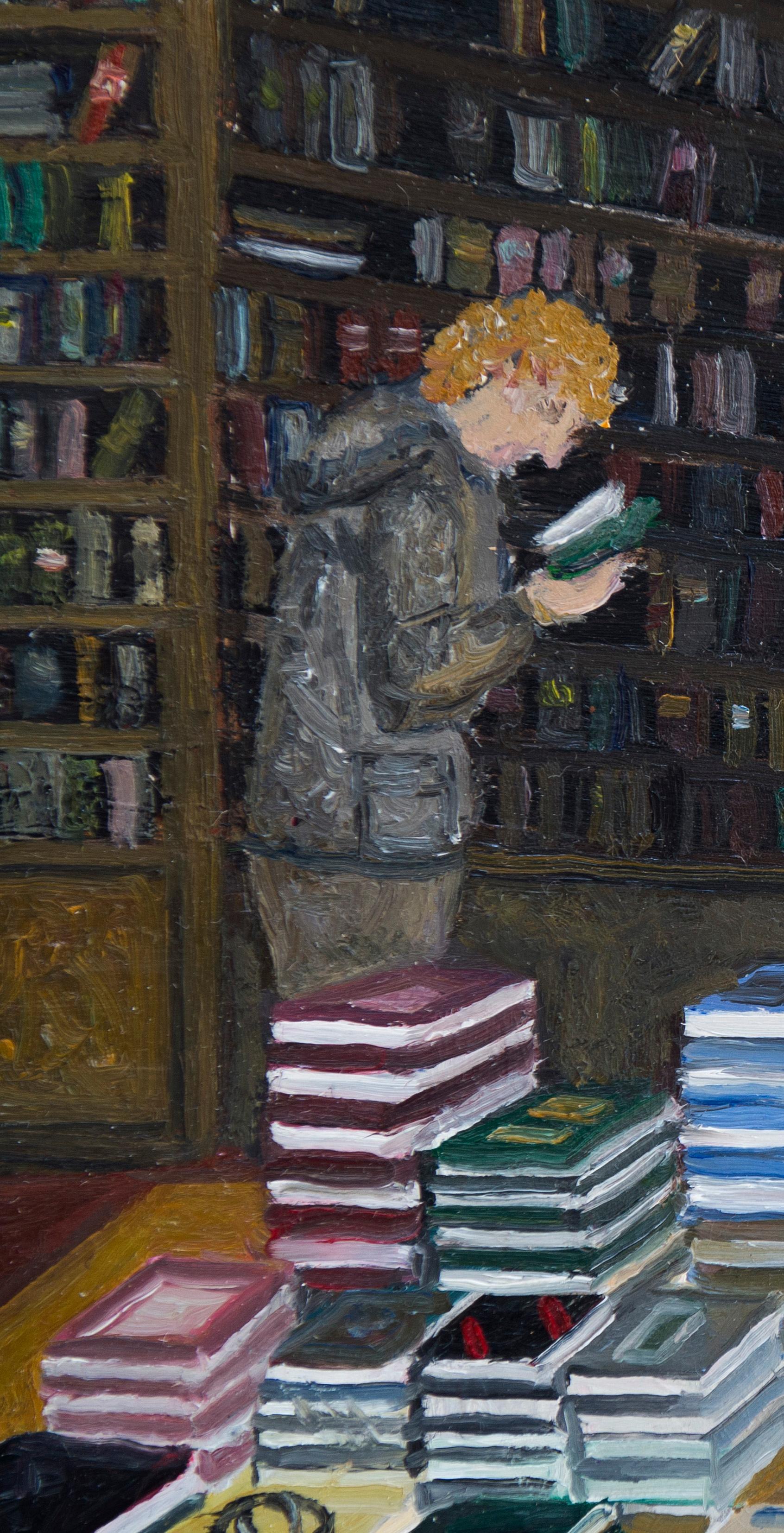 ''Libreria'' Accogliente dipinto olandese di persone che sfogliano una libreria - Painting di Laetitia de Haas