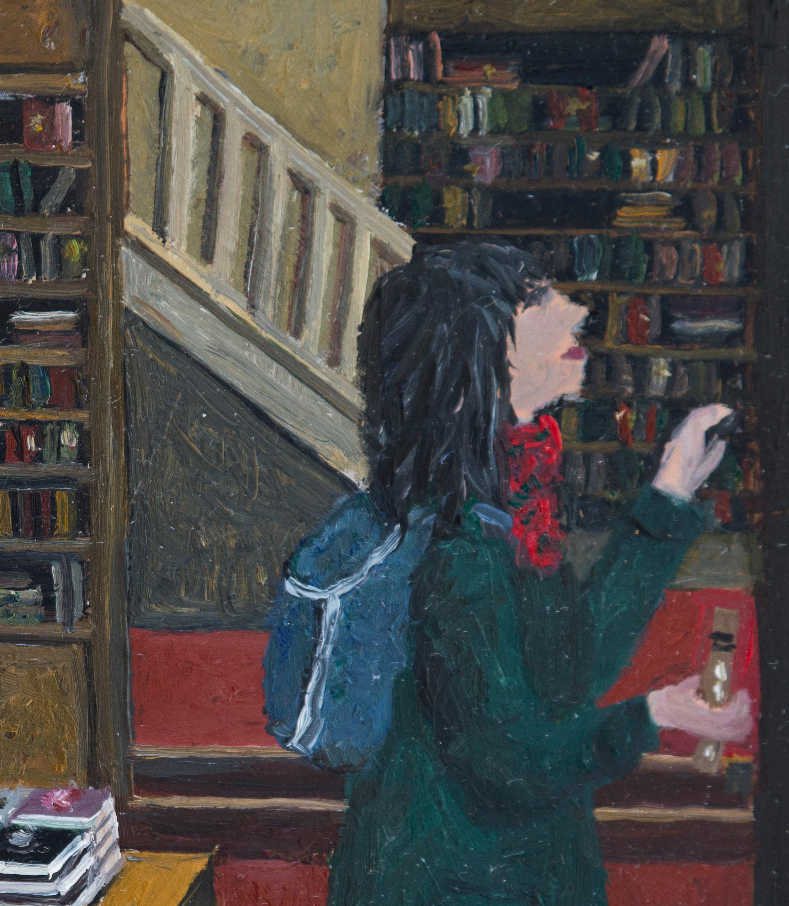 ''Libreria'' Accogliente dipinto olandese di persone che sfogliano una libreria - Figurative Painting Nero di Laetitia de Haas