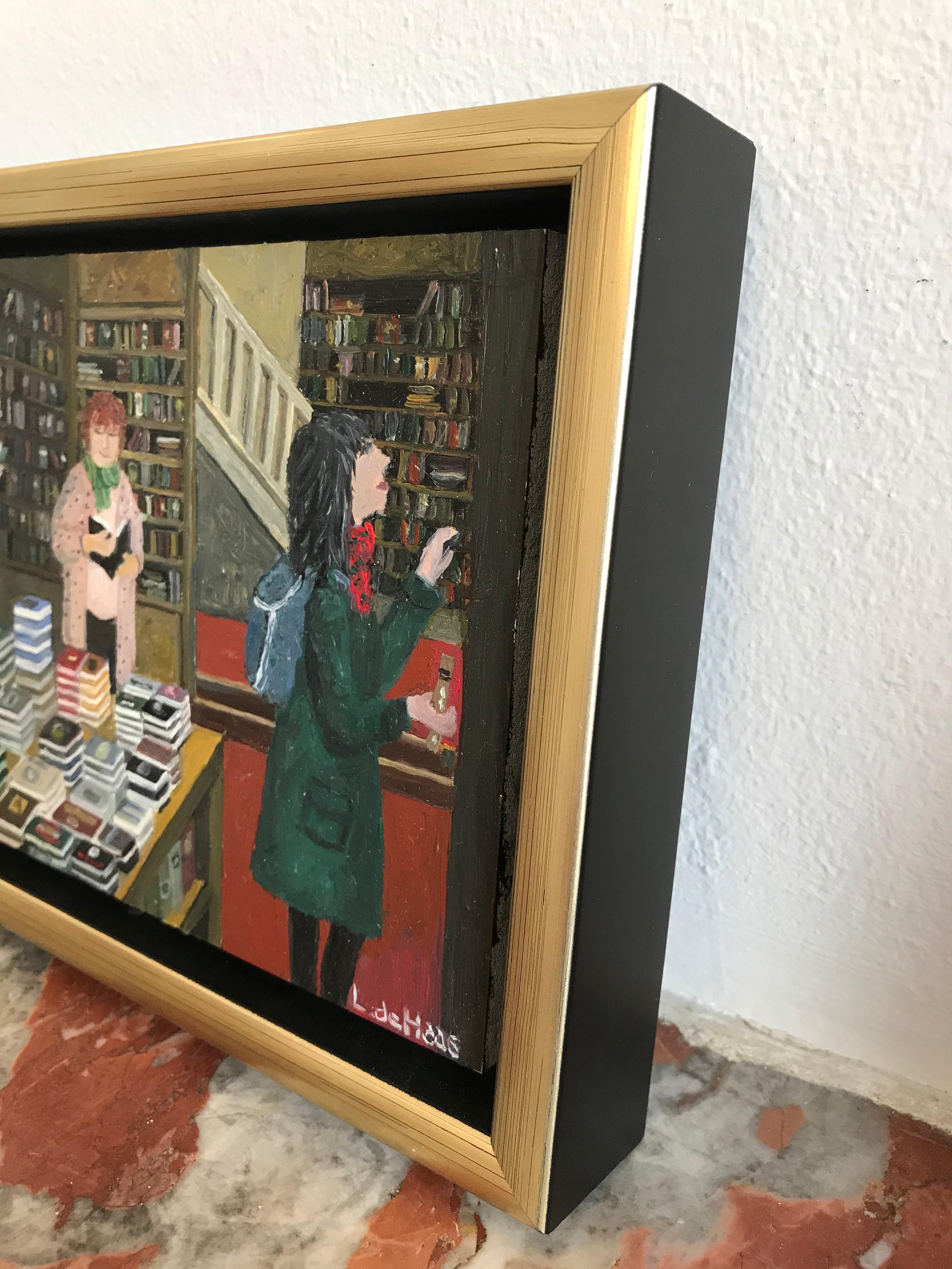 ''Libreria'' Accogliente dipinto olandese di persone che sfogliano una libreria in vendita 2