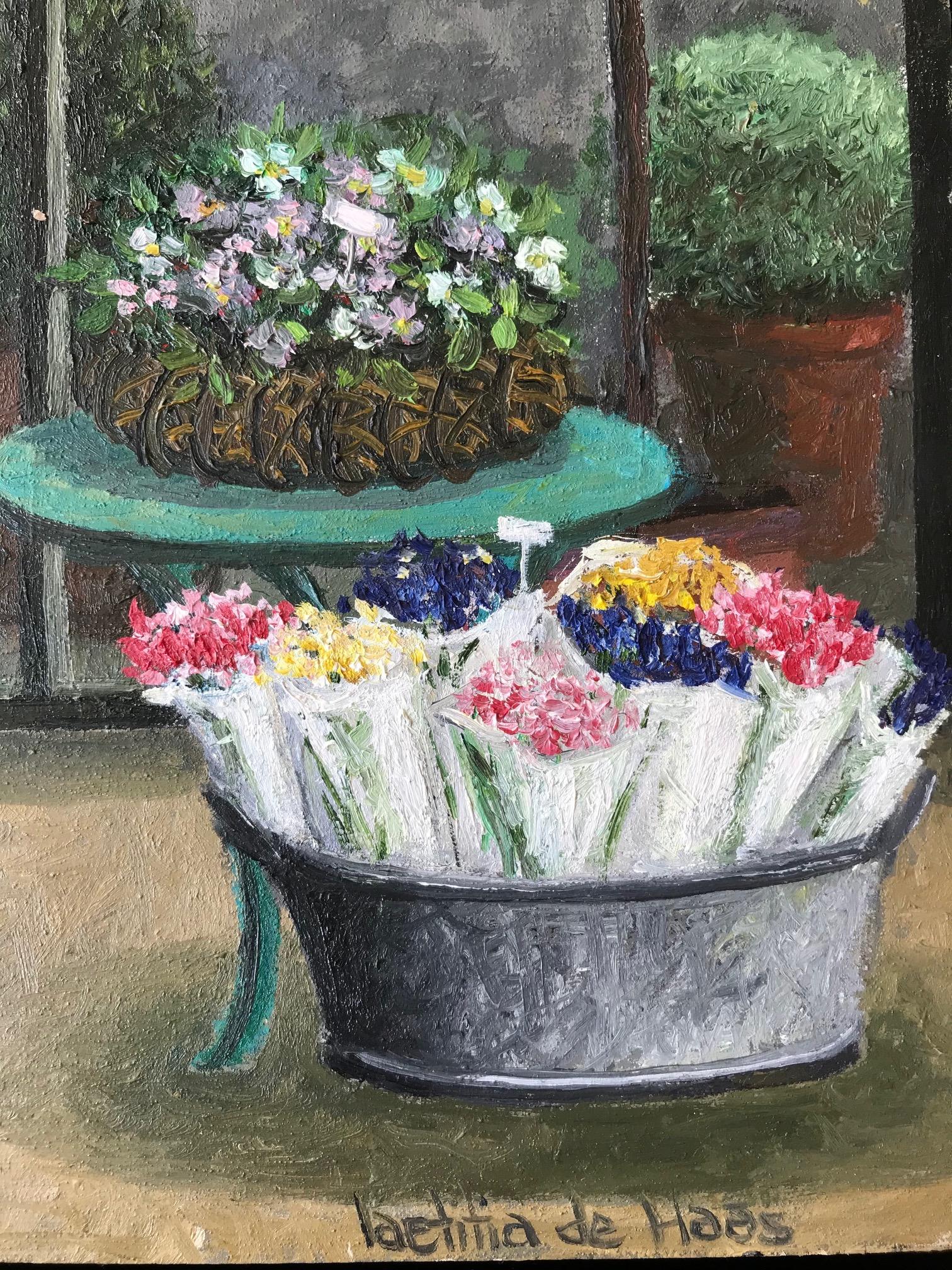 ''Flowers'' Cosy Dutch Painting of a Flower Shop - Gray Figurative Painting by Laetitia de Haas