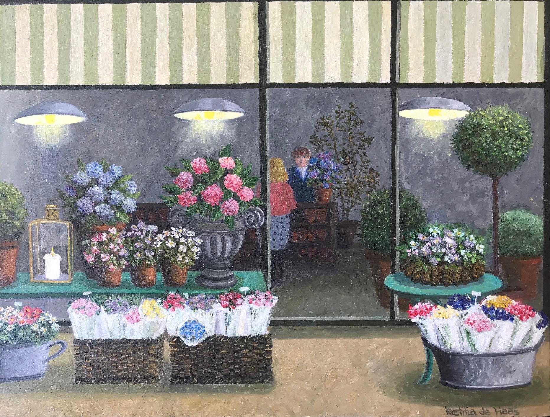 Laetitia de Haas Figurative Painting - ''Flowers'' Cosy Dutch Painting of a Flower Shop