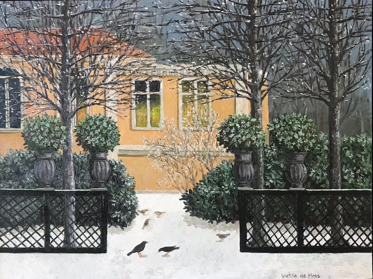Laetitia de Haas Figurative Painting - ''House in the Winter'' Cosy Dutch Painting of a Yellow House in the Snow