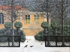 « Maison dans l'hiver » - Peinture néerlandaise cosy d'une maison jaune dans la neige