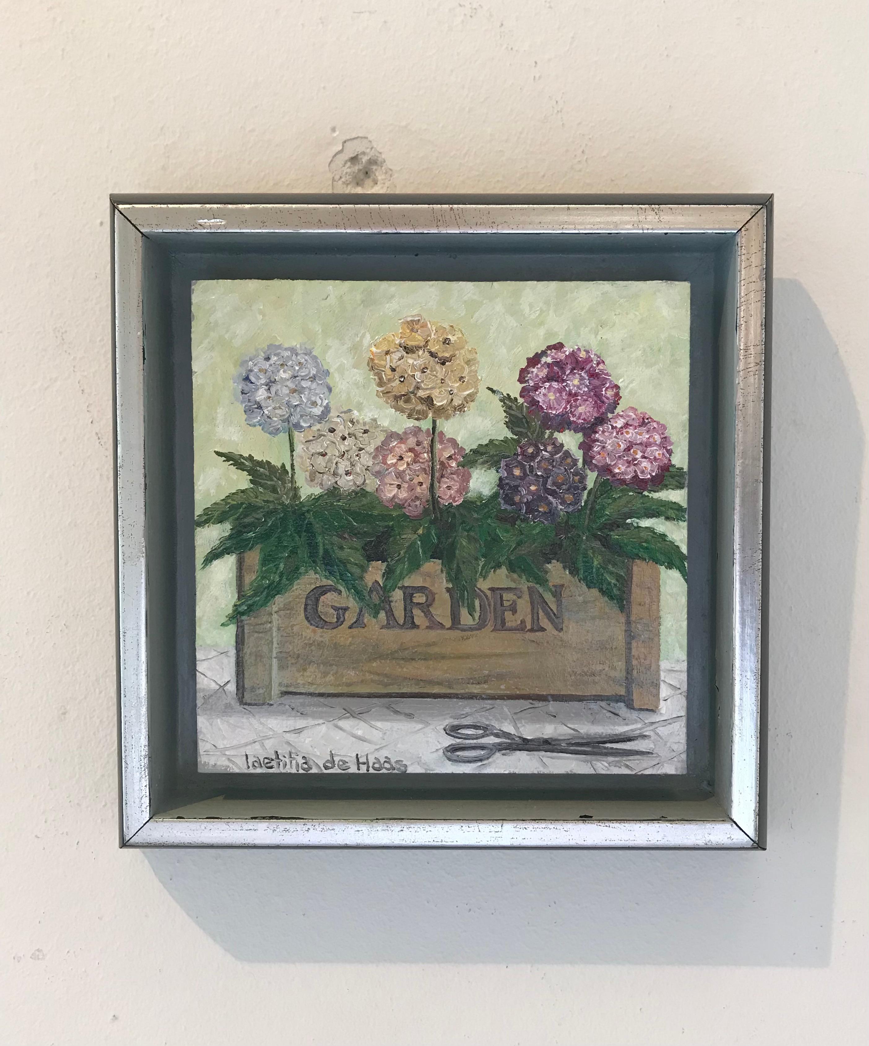 „In de Garden“ Cosy holländisches Gemälde eines Kranichs mit Hydrangeas, Blumen im Angebot 1