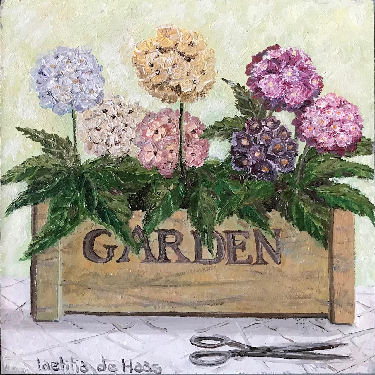 Laetitia de Haas Figurative Painting - ''In de Garden'' Cosy Dutch Painting of a Crate with Hydrangeas, Flowers