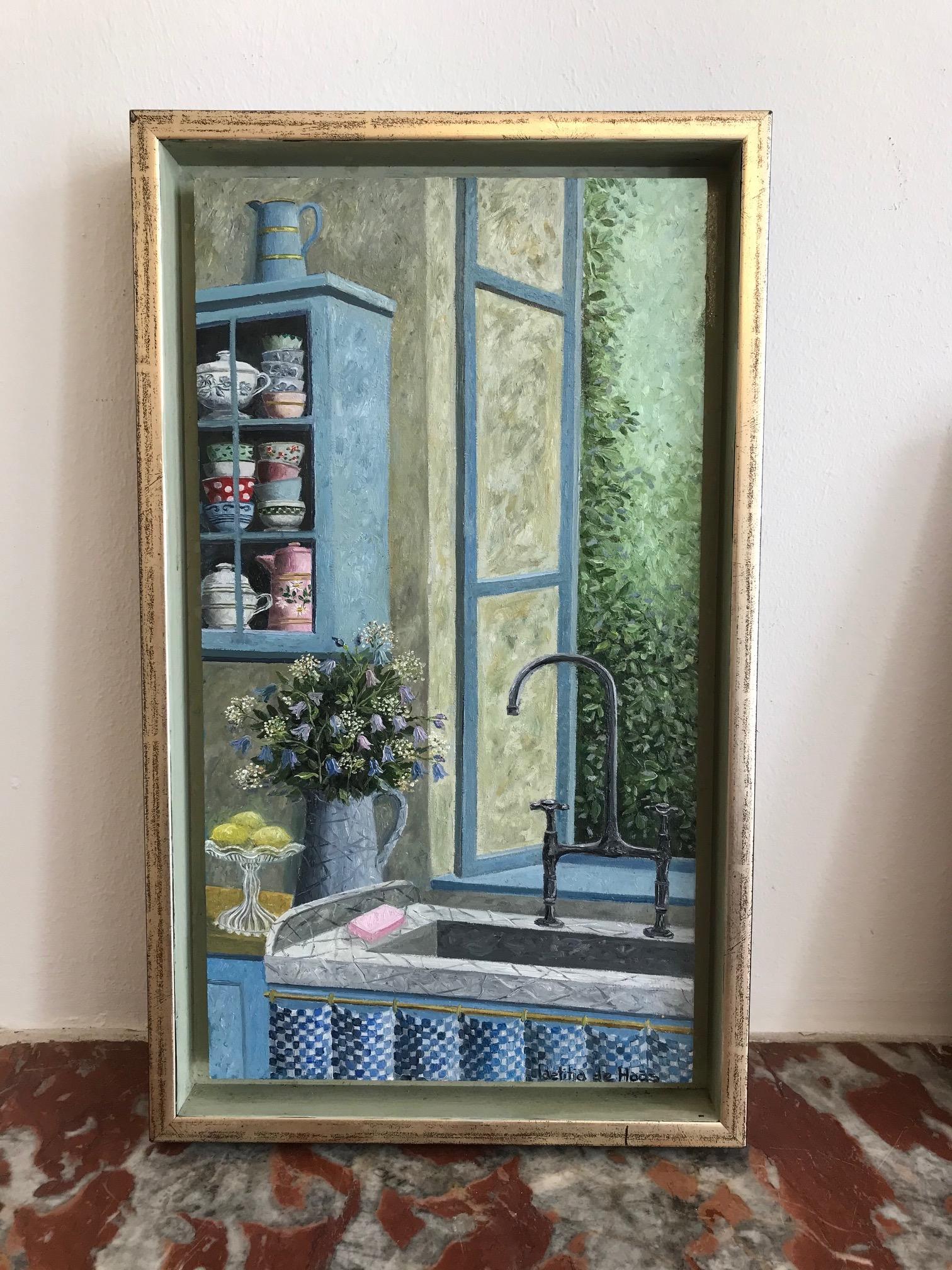 ''Kitchen Window'' Cosy Dutch Painting of a Kitchen Window on a Spring Day For Sale 1