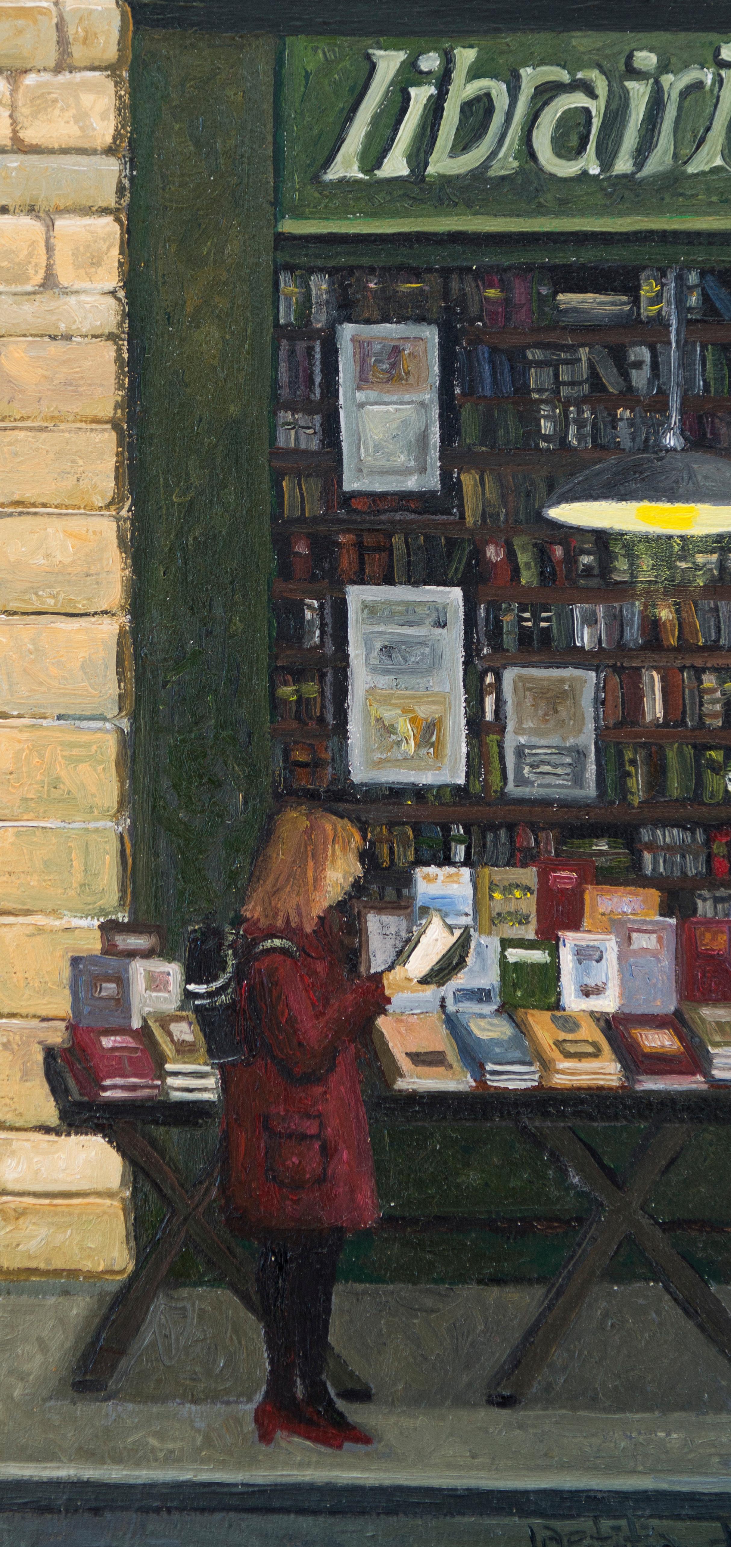„Librairie“ Cosy holländisches Gemälde eines Bücherregals (Schwarz), Figurative Painting, von Laetitia de Haas