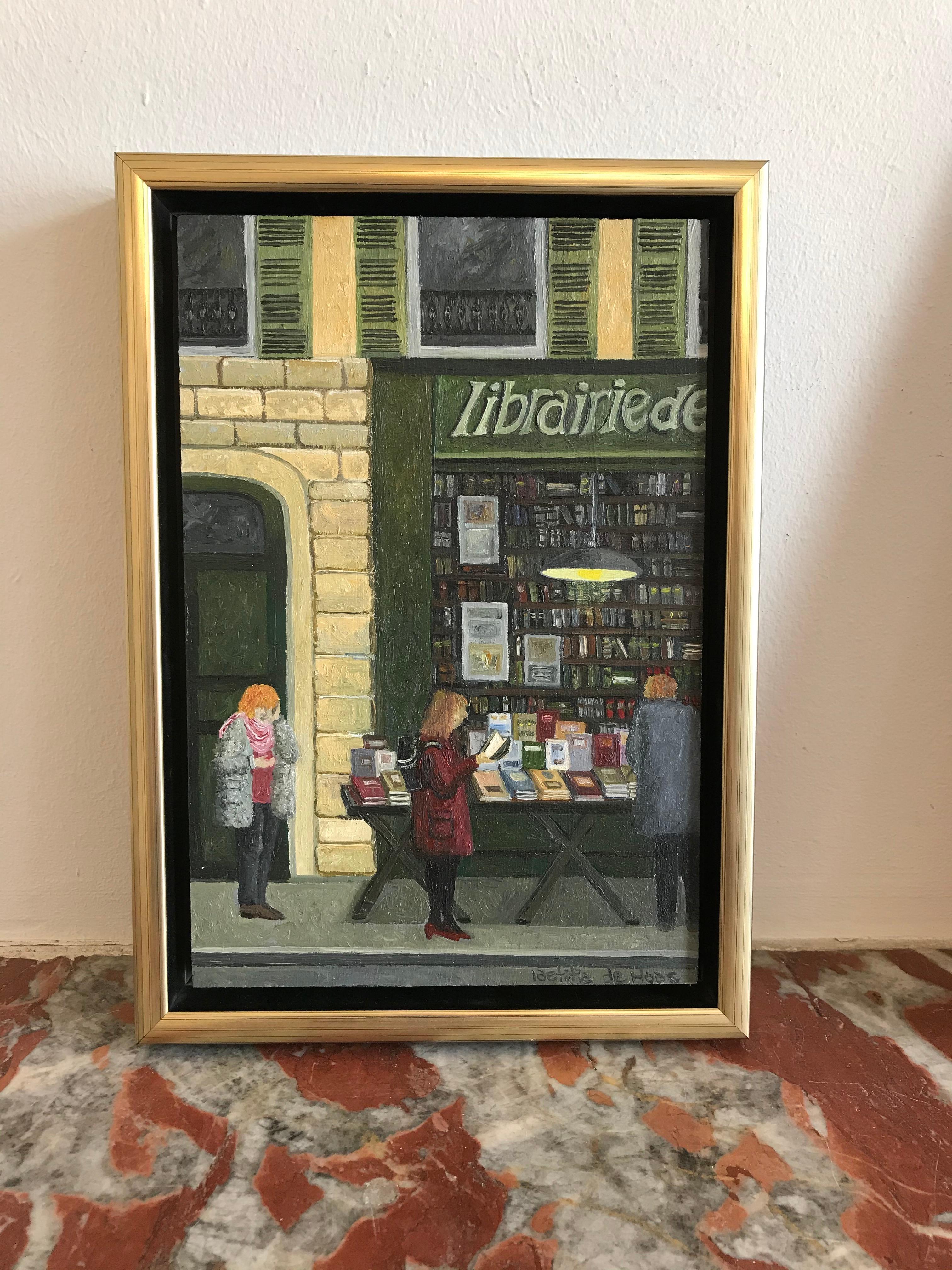 „Librairie“ Cosy holländisches Gemälde eines Bücherregals im Angebot 1