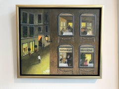 ''Restaurant, Brasserie'' Cosy Dutch Painting of a Restaurant on the Outside