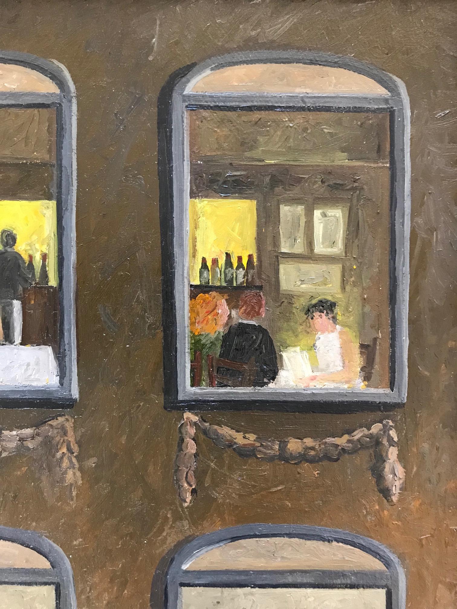 ''Restaurant, Brasserie'' Cosy Dutch Painting of a Restaurant on the Outside - Gray Figurative Painting by Laetitia de Haas