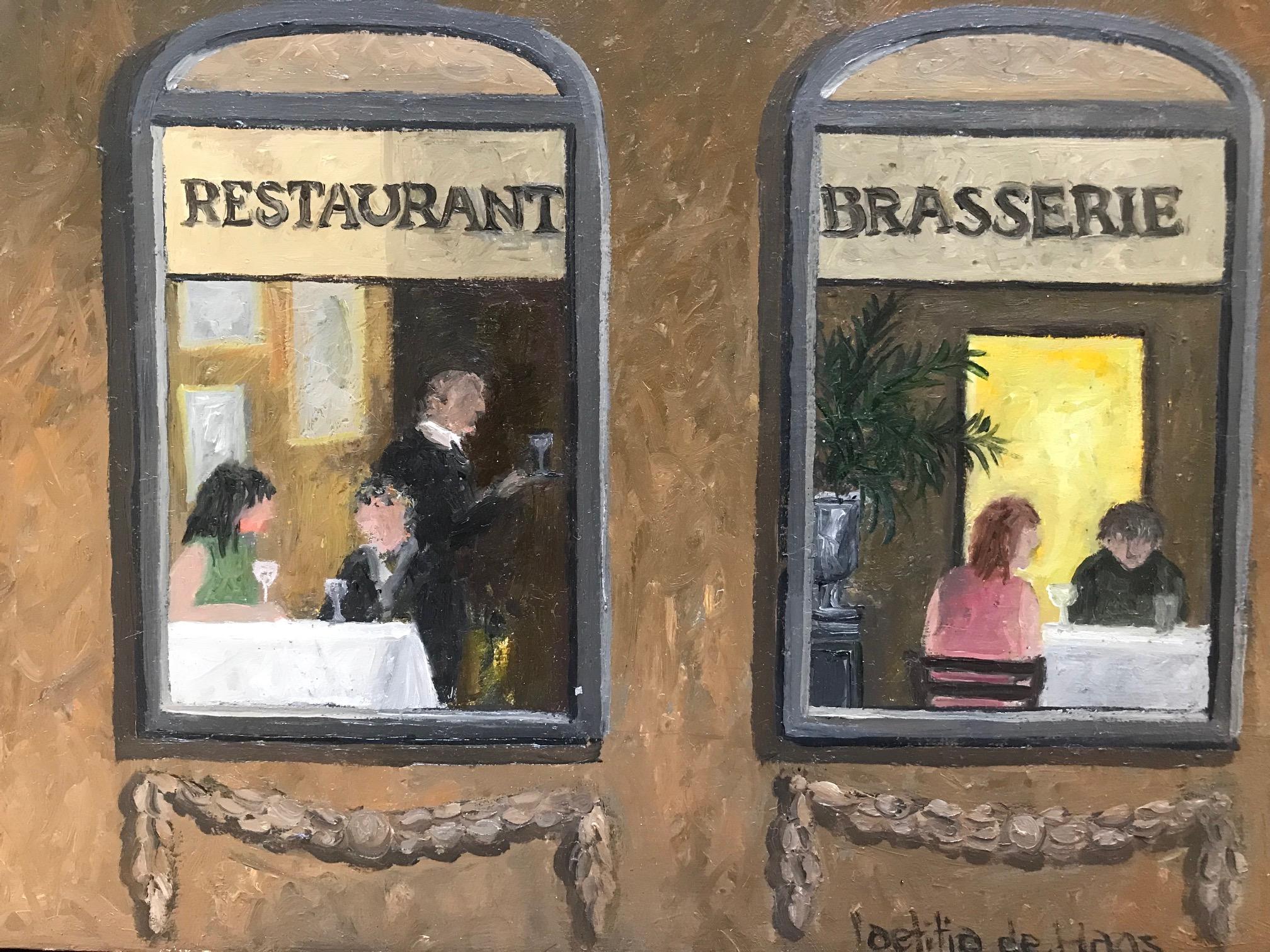 « Restaurateur, Brasserie » - Peinture néerlandaise cosy d'un restaurant à l'extérieur en vente 2