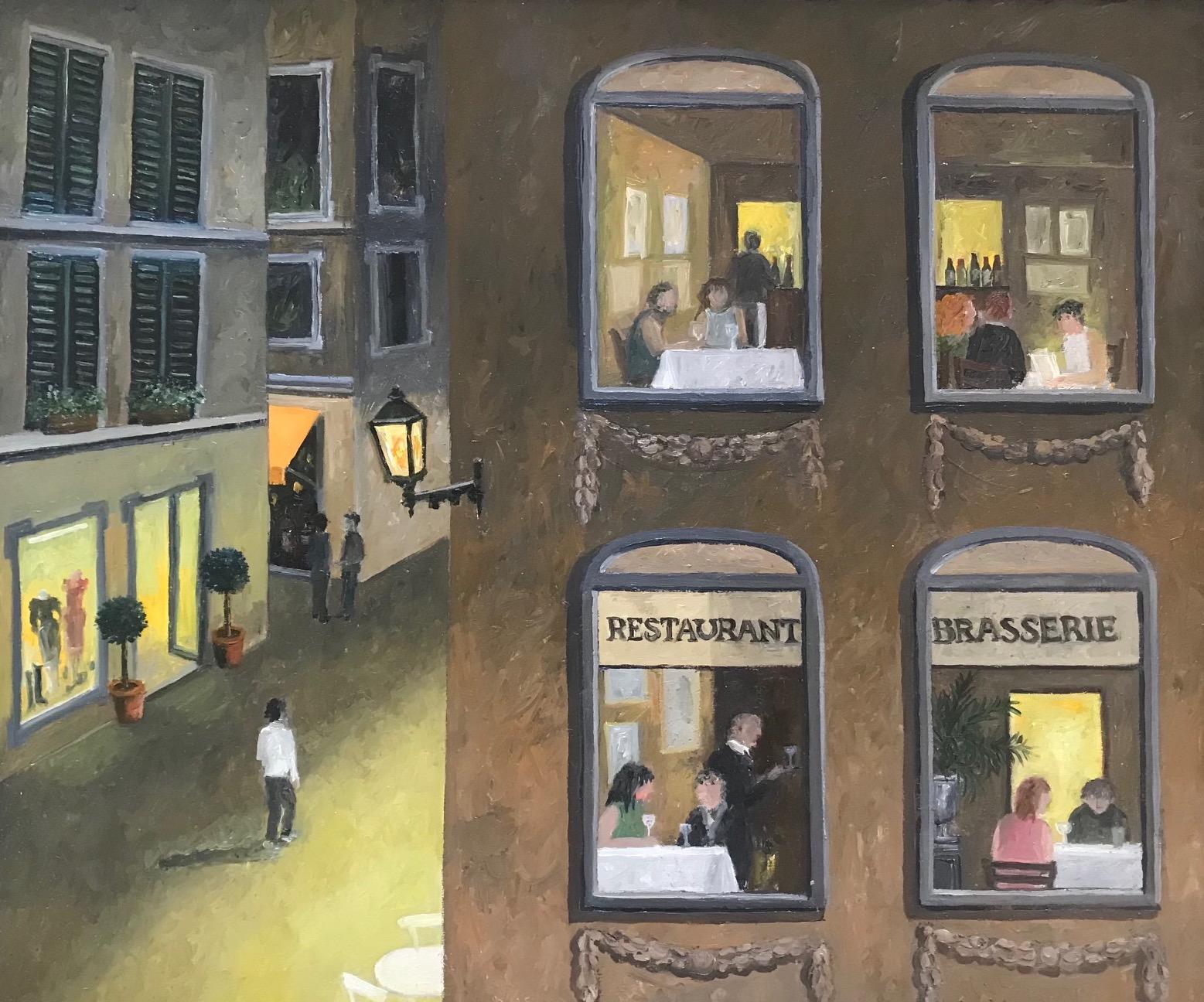Laetitia de Haas Figurative Painting - ''Restaurant, Brasserie'' Cosy Dutch Painting of a Restaurant on the Outside