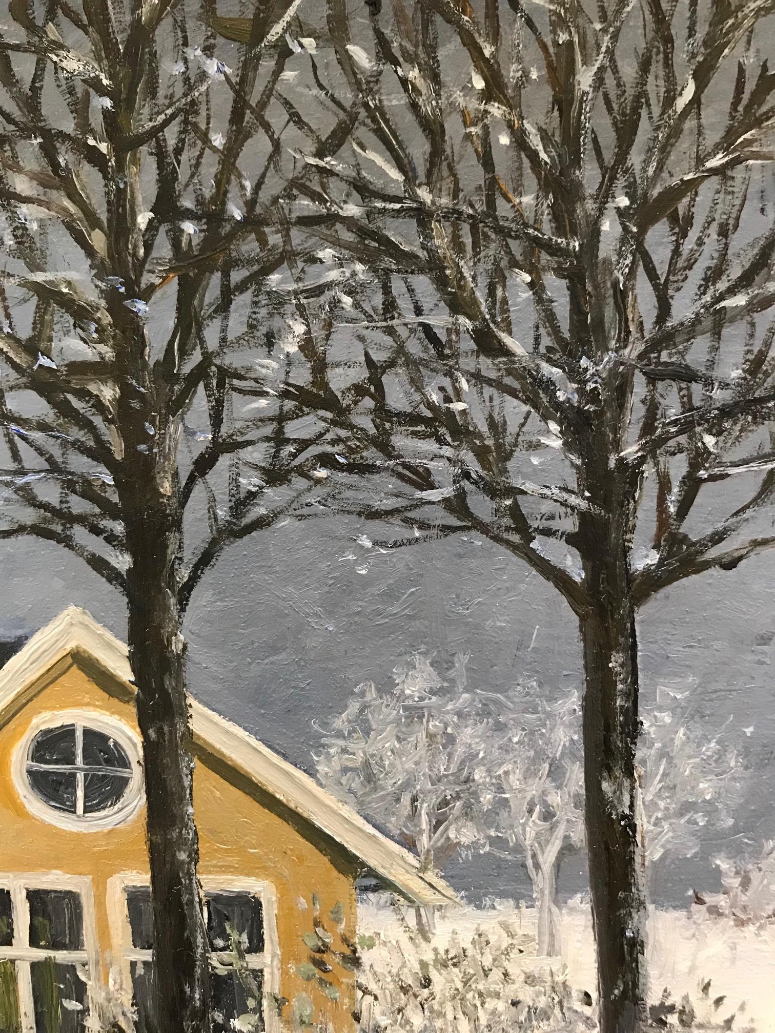 ''Sheep in the Snow'' Cosy Dutch Painting of Sheep in a Snowy Garden - Gray Figurative Painting by Laetitia de Haas