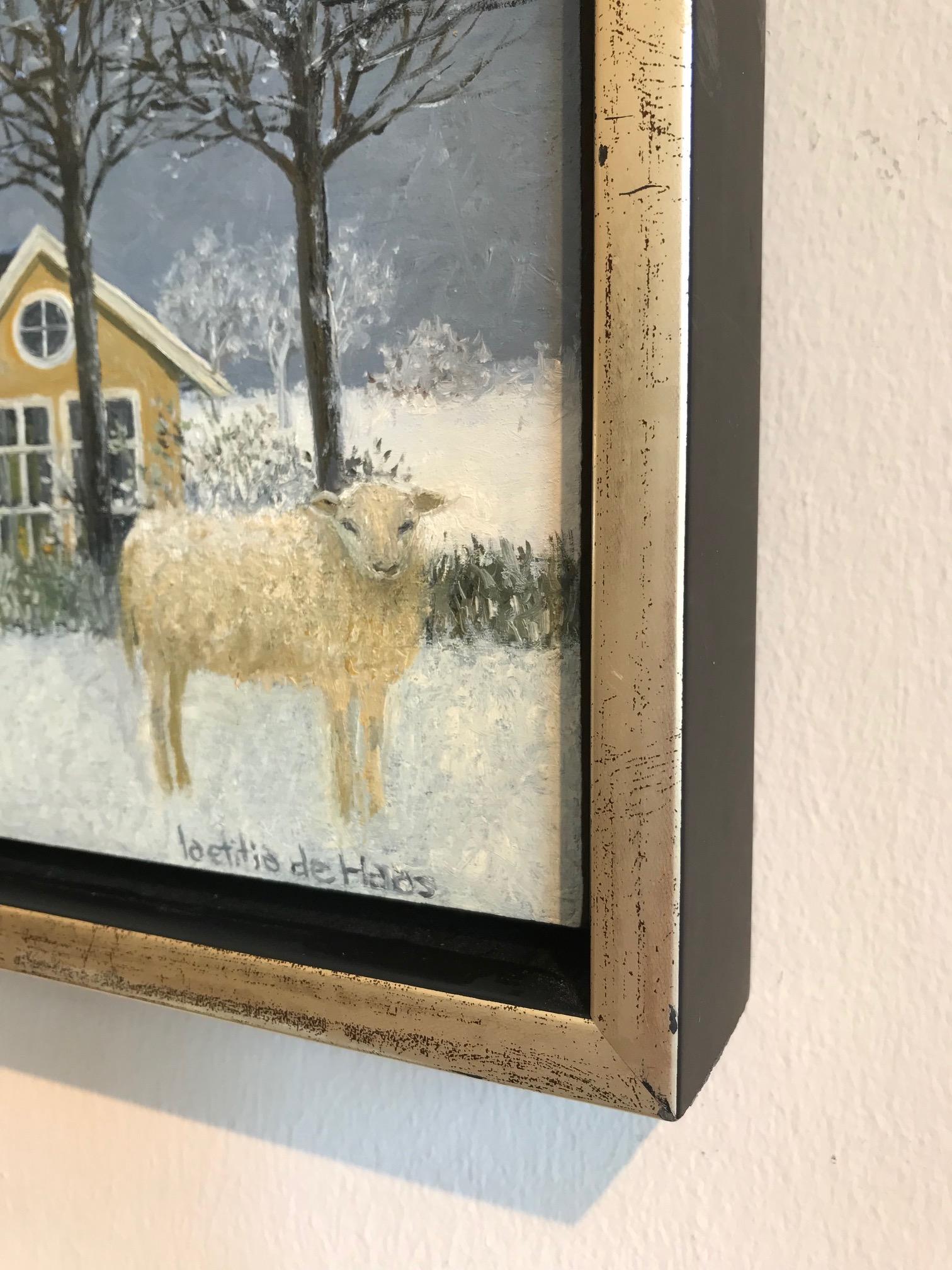 ''Sheep in the Snow'' Cosy Dutch Painting of Sheep in a Snowy Garden For Sale 1
