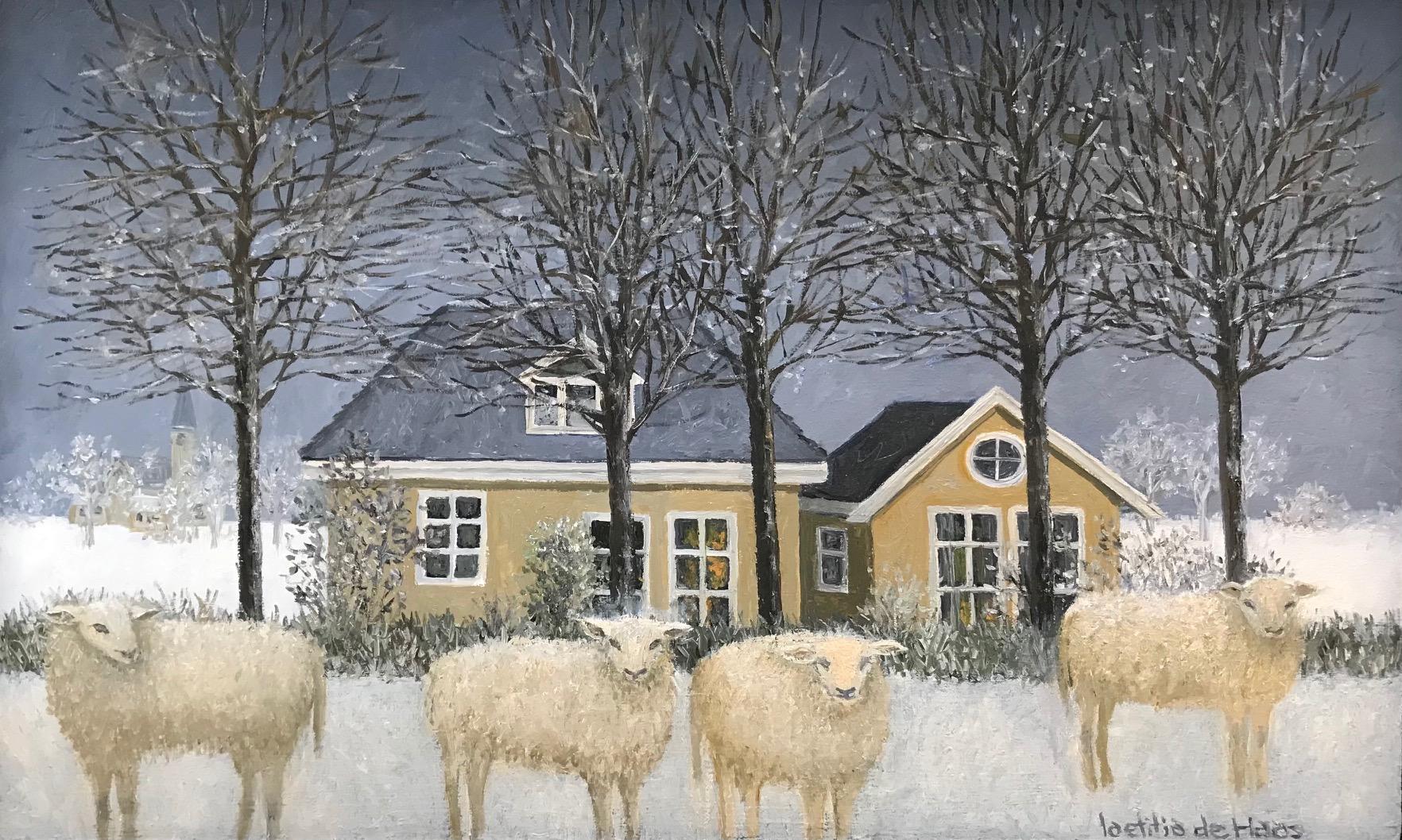 Laetitia de Haas Figurative Painting - ''Sheep in the Snow'' Cosy Dutch Painting of Sheep in a Snowy Garden