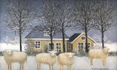 ''Sheep in the Snow'' Cosy Dutch Painting of Sheep in a Snowy Garden