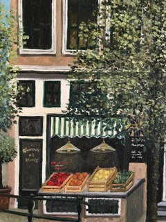 ''Shop along the Canal'' Cosy Dutch Painting of Canal Houses