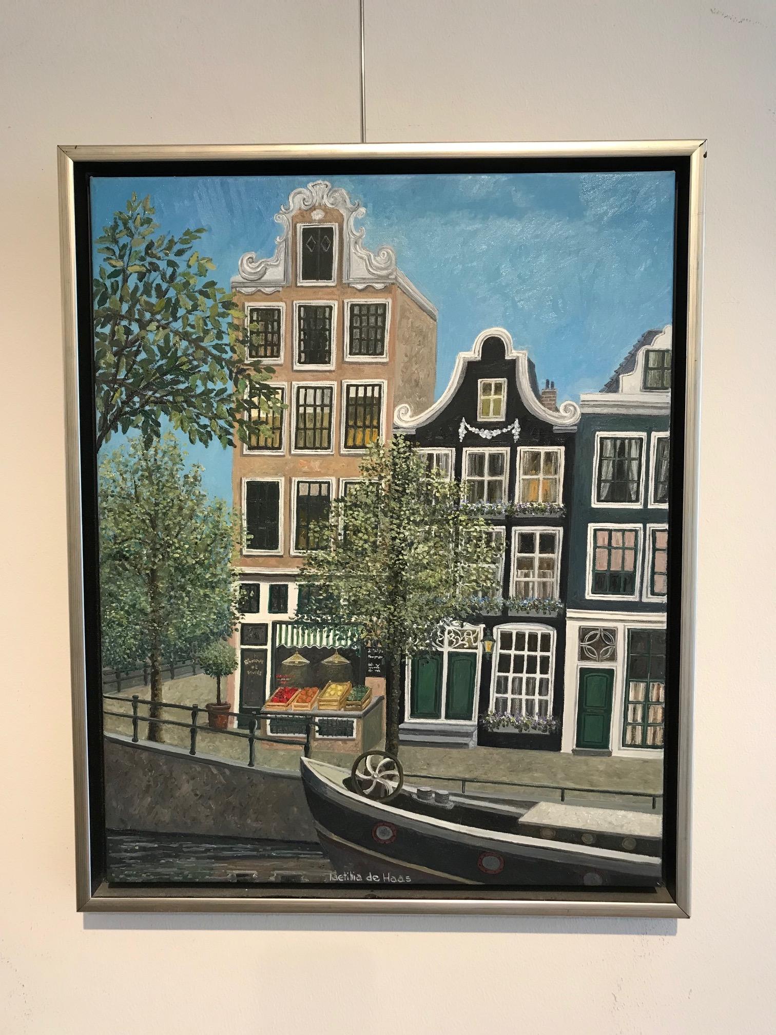 ''Shop along the Canal'' Cosy Dutch Painting of Canal Houses For Sale 2