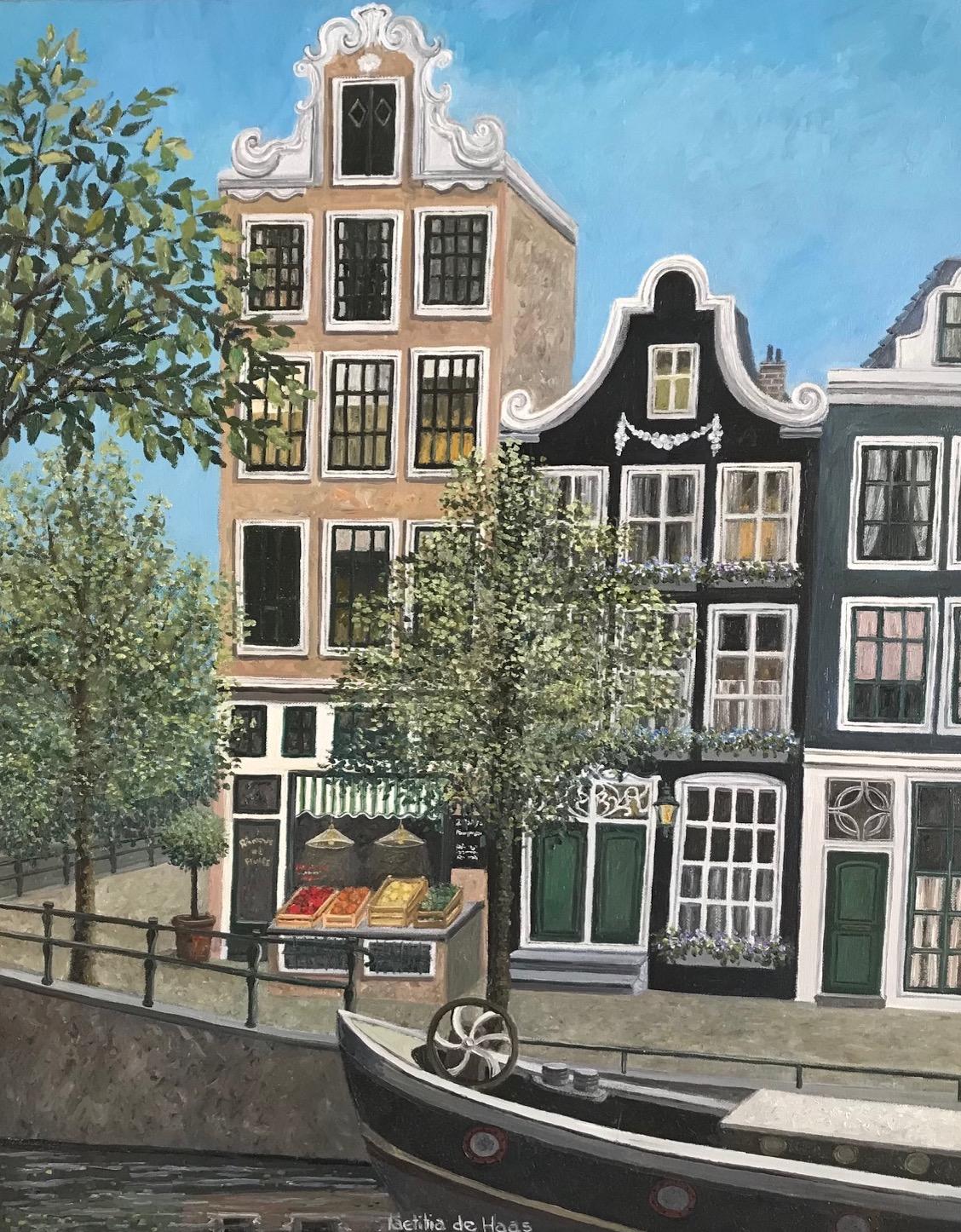 Laetitia de Haas Figurative Painting - ''Shop along the Canal'' Cosy Dutch Painting of Canal Houses