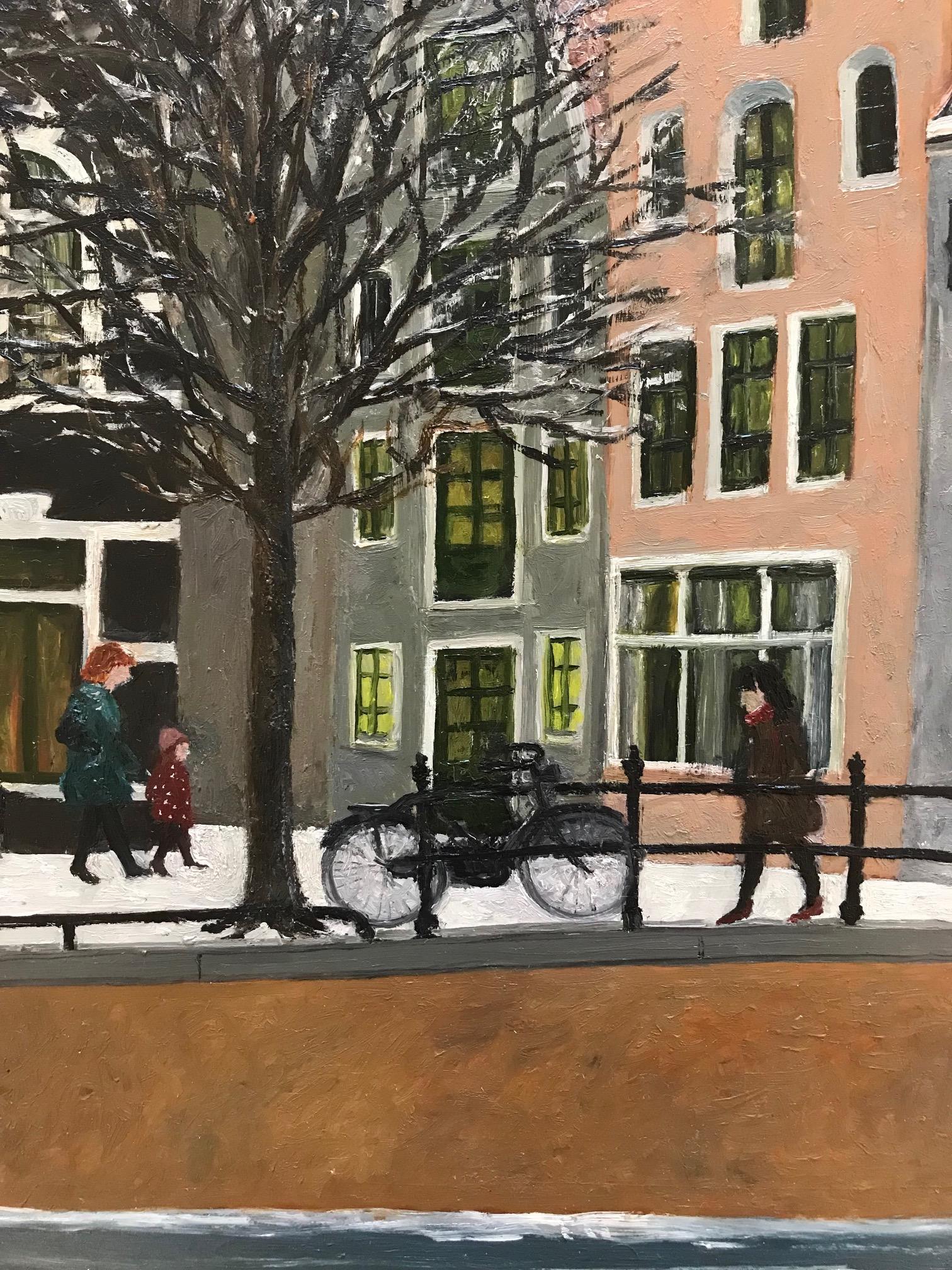 „Schnee auf dem Canal“ Cosy niederländisches Gemälde eines Kanals an einem Wintertag – Painting von Laetitia de Haas