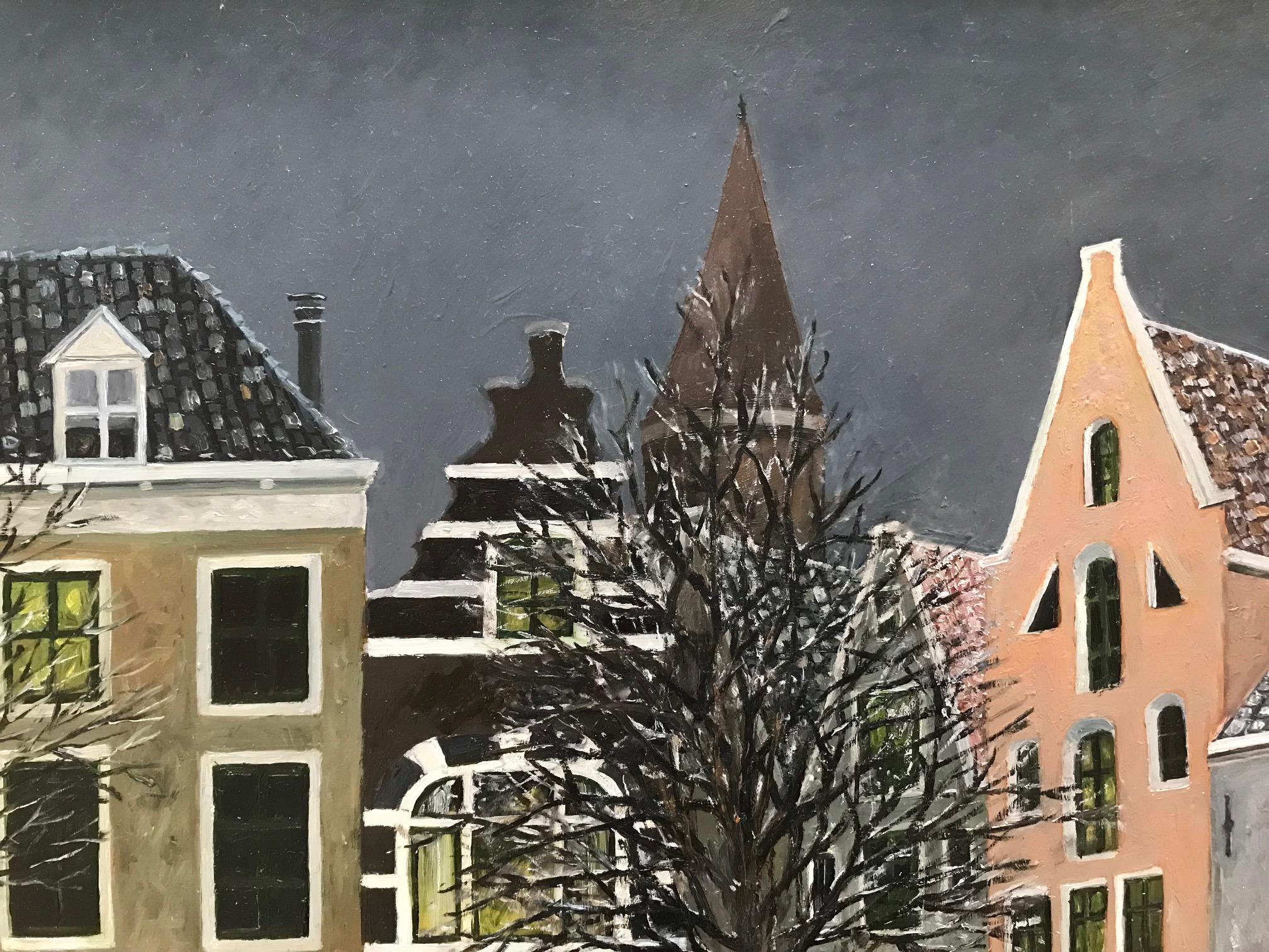 ''Snow on the Canal'' Cosy Dutch Painting of a Canal on a Winter Day For Sale 2