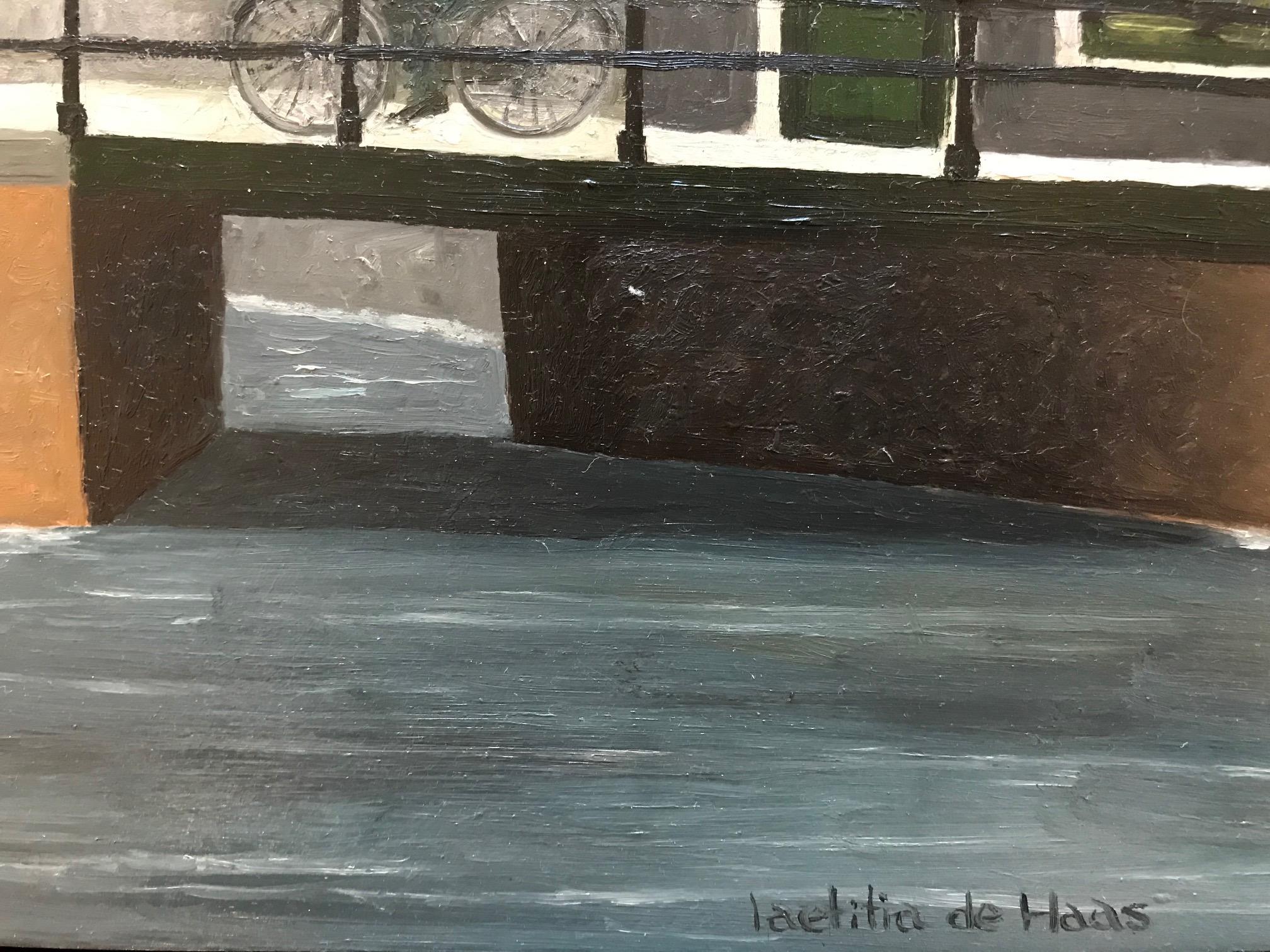 „Schnee auf dem Canal“ Cosy niederländisches Gemälde eines Kanals an einem Wintertag im Angebot 2