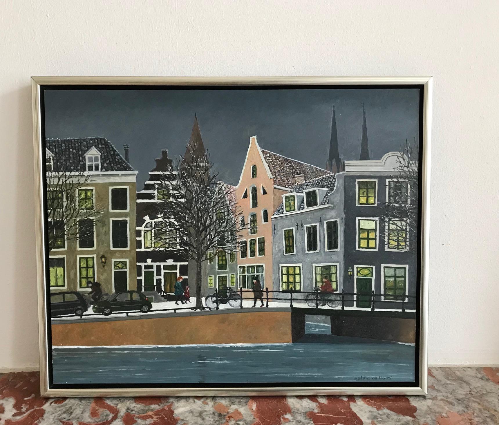 ''Snow on the Canal'' Cosy Dutch Painting of a Canal on a Winter Day For Sale 5