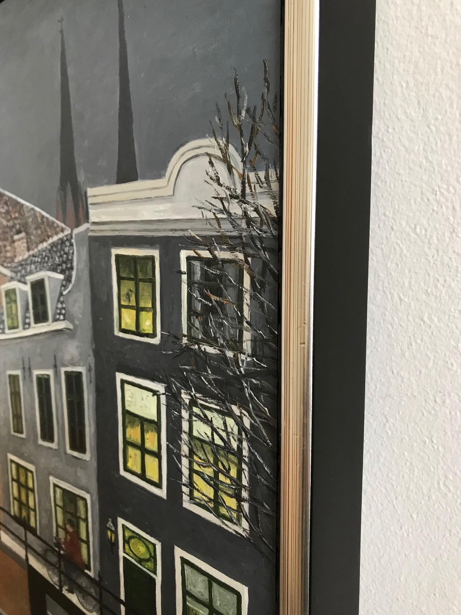 „Schnee auf dem Canal“ Cosy niederländisches Gemälde eines Kanals an einem Wintertag im Angebot 4