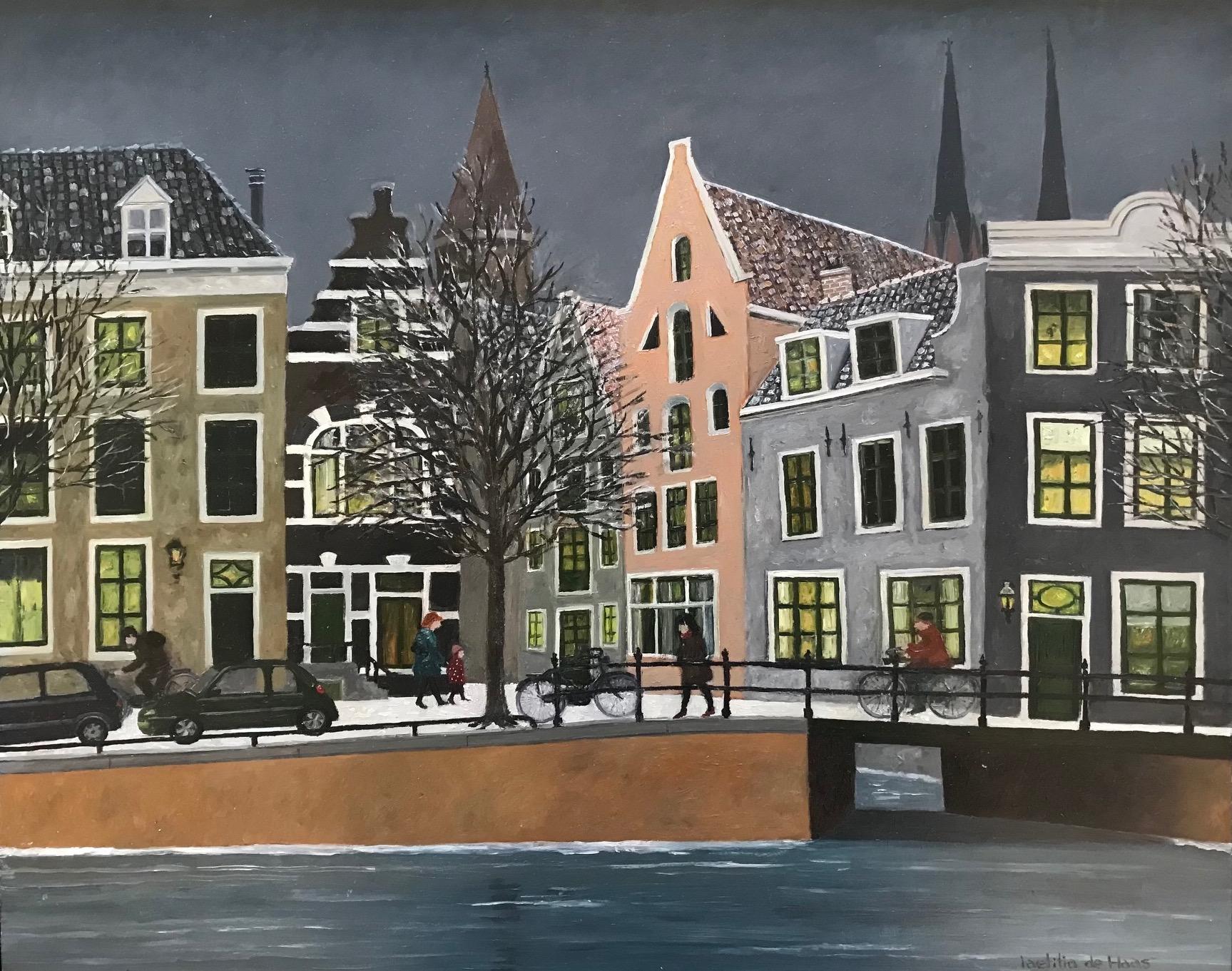 Figurative Painting Laetitia de Haas - Peinture néerlandaise cosy d'une rivière par une journée d'hiver - « Neige sur le canal »