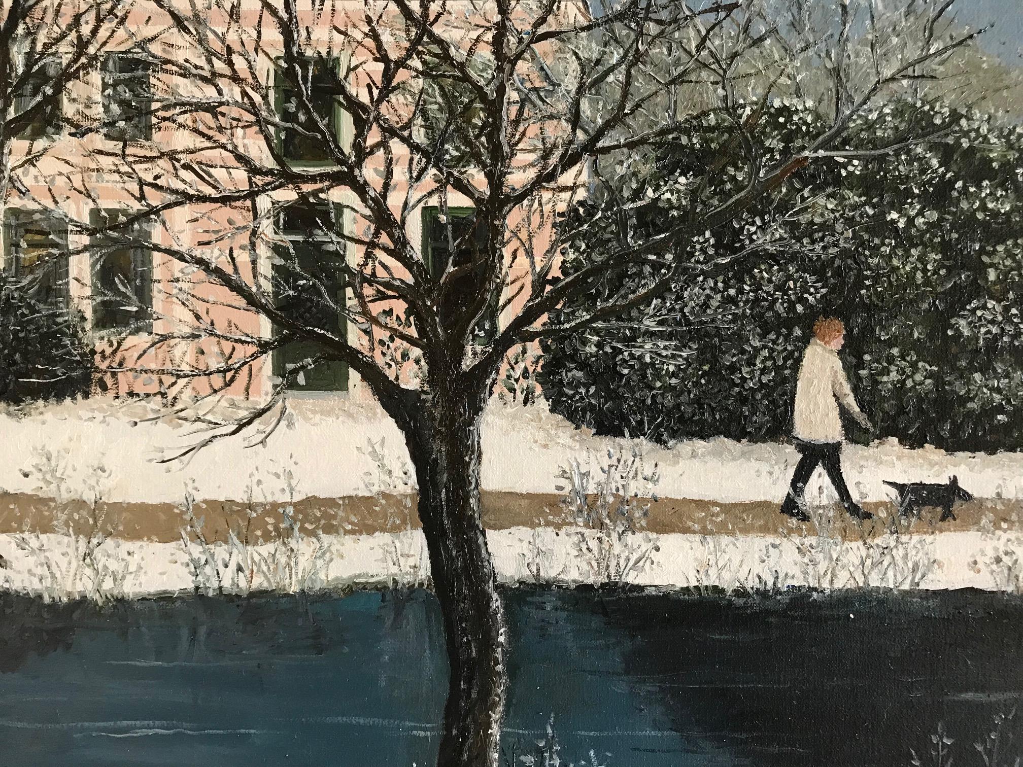 ''Walking in a Winter Wonderland'' Cosy Dutch Painting on a Winter Day - Black Figurative Painting by Laetitia de Haas