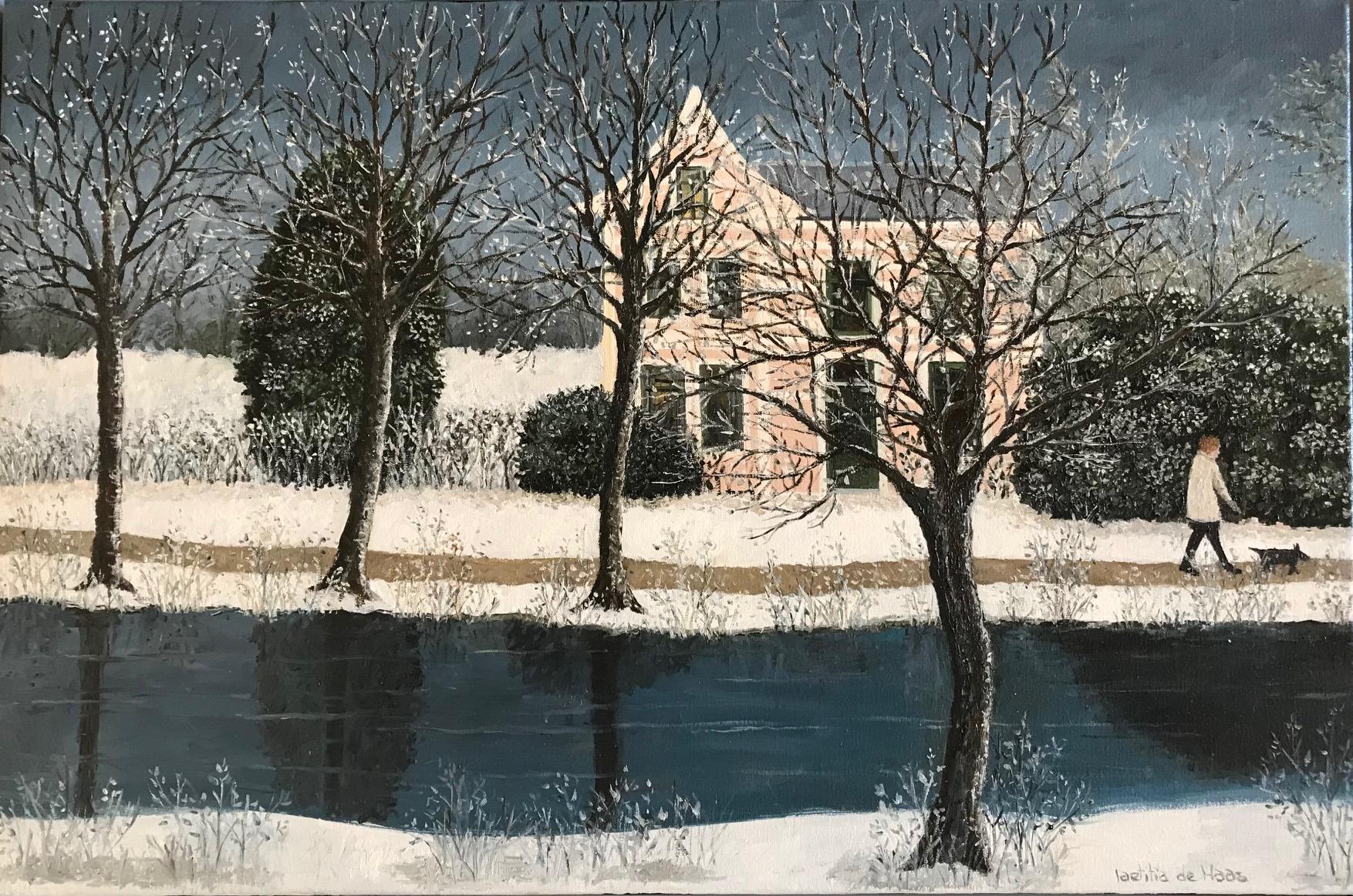 Laetitia de Haas Figurative Painting - ''Walking in a Winter Wonderland'' Cosy Dutch Painting on a Winter Day