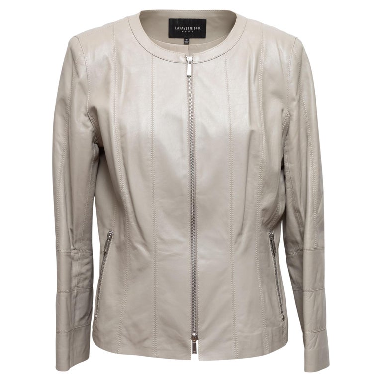 Lafayette 148 Grey Collarless Leather Jacket For Sale at 1stDibs