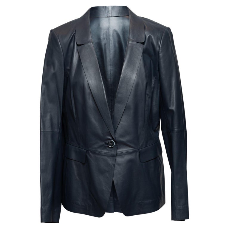 Lafayette 148 Navy Leather Blazer For Sale at 1stDibs