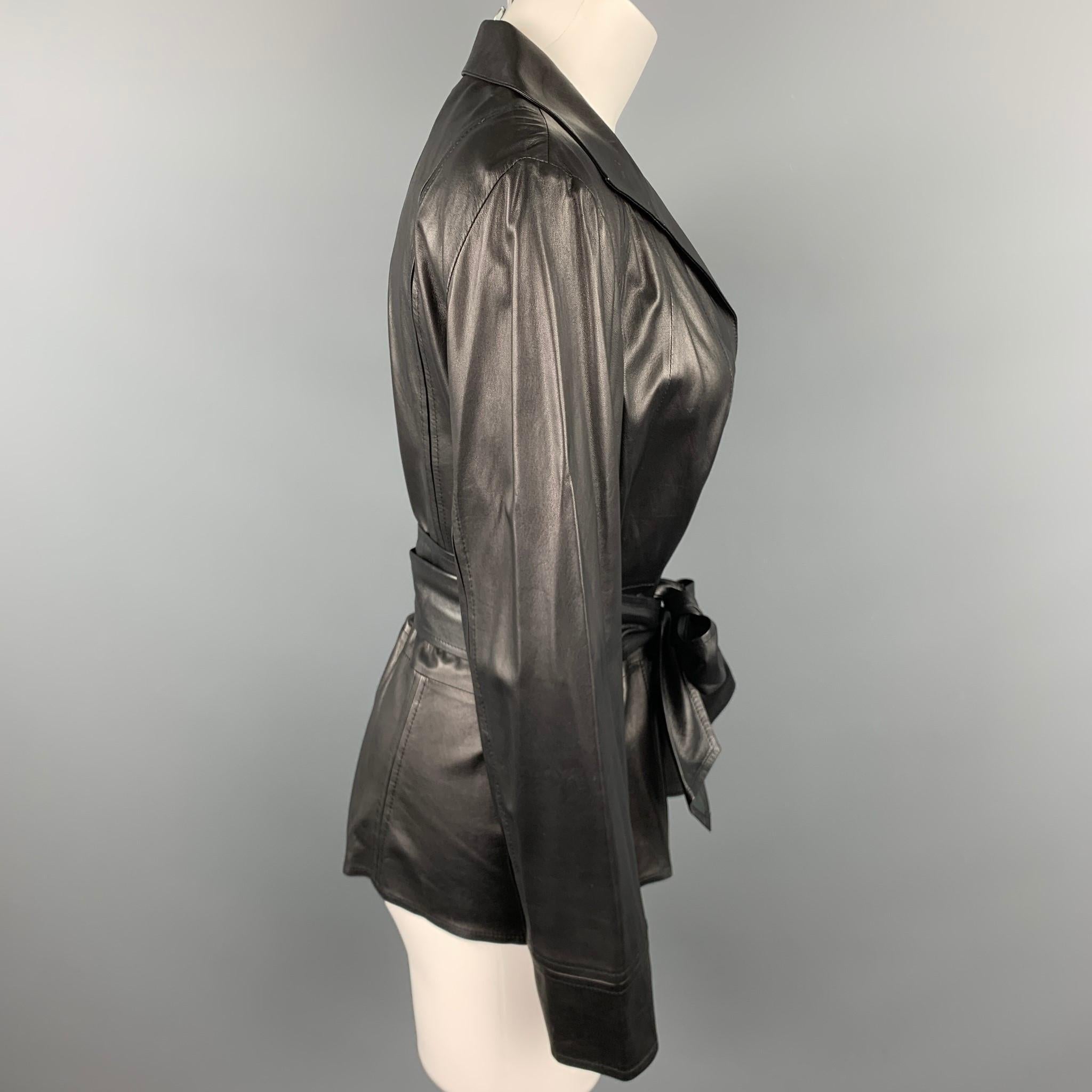 LAFAYETTE 148 Size 10 Black Leather Belted Hidden Button Jacket In Good Condition In San Francisco, CA