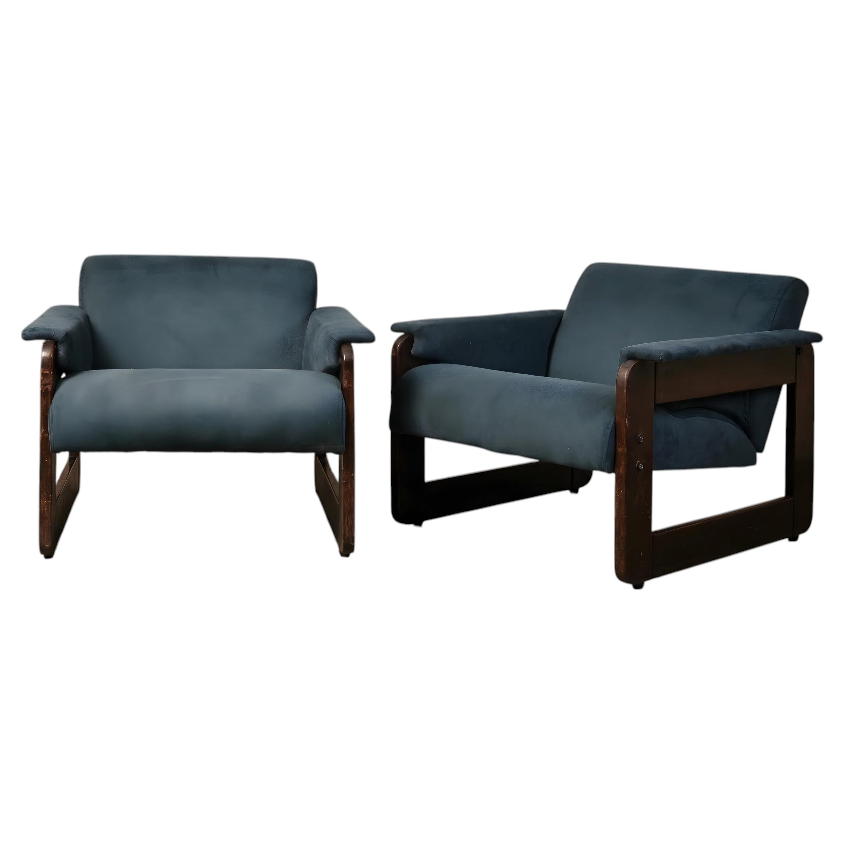 Lafer Armchairs MP-185 by Percival Lafer, Solid Wood Frame and Blue Suede Uphols For Sale