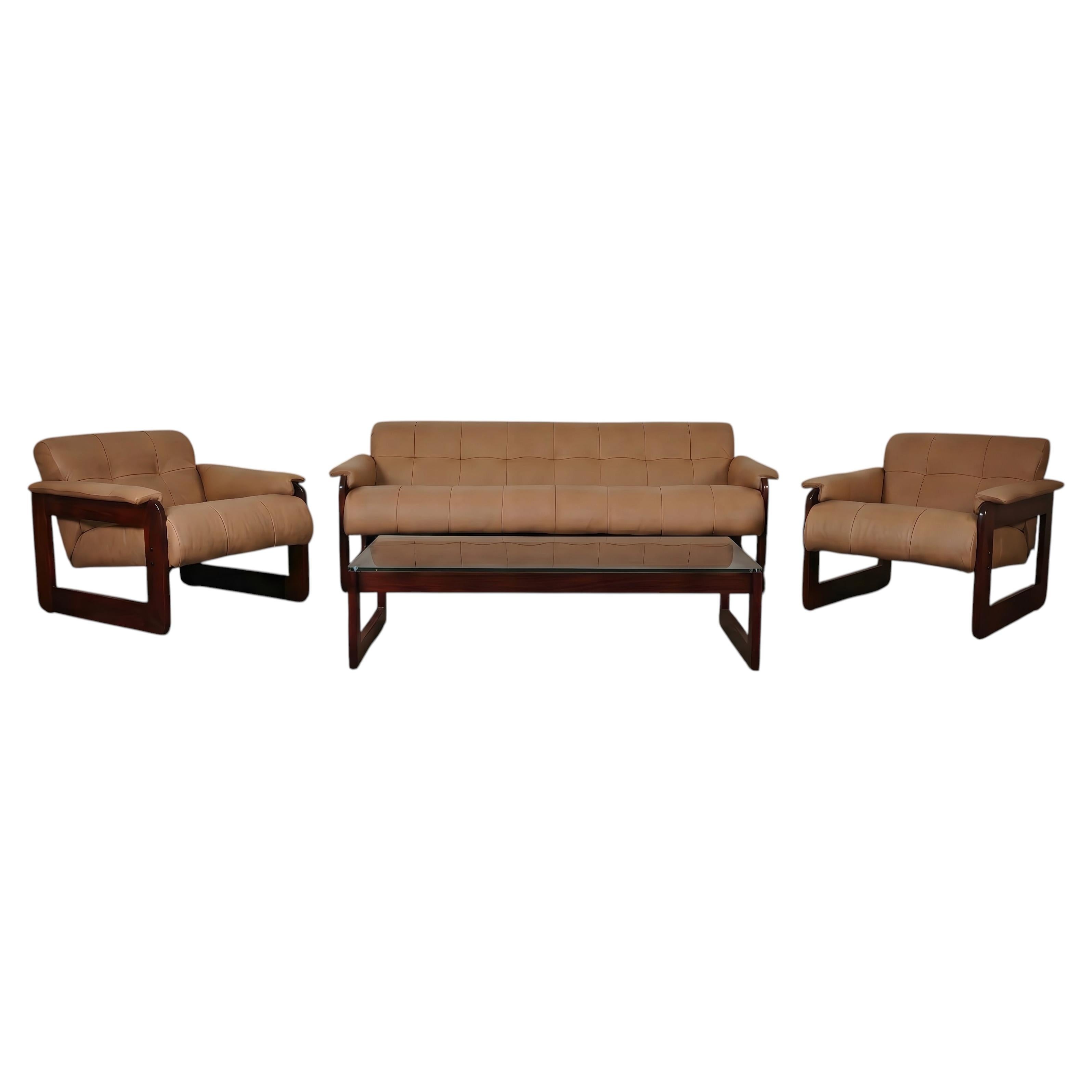 Lafer Living Set MP-185 by Percival Lafer, Solid Wood Frame and Tan Leather, Bra For Sale