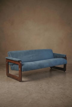 Lafer Sofa MP-185 by Percival Lafer, Solid Wood Frame and Blue Suede Upholstery