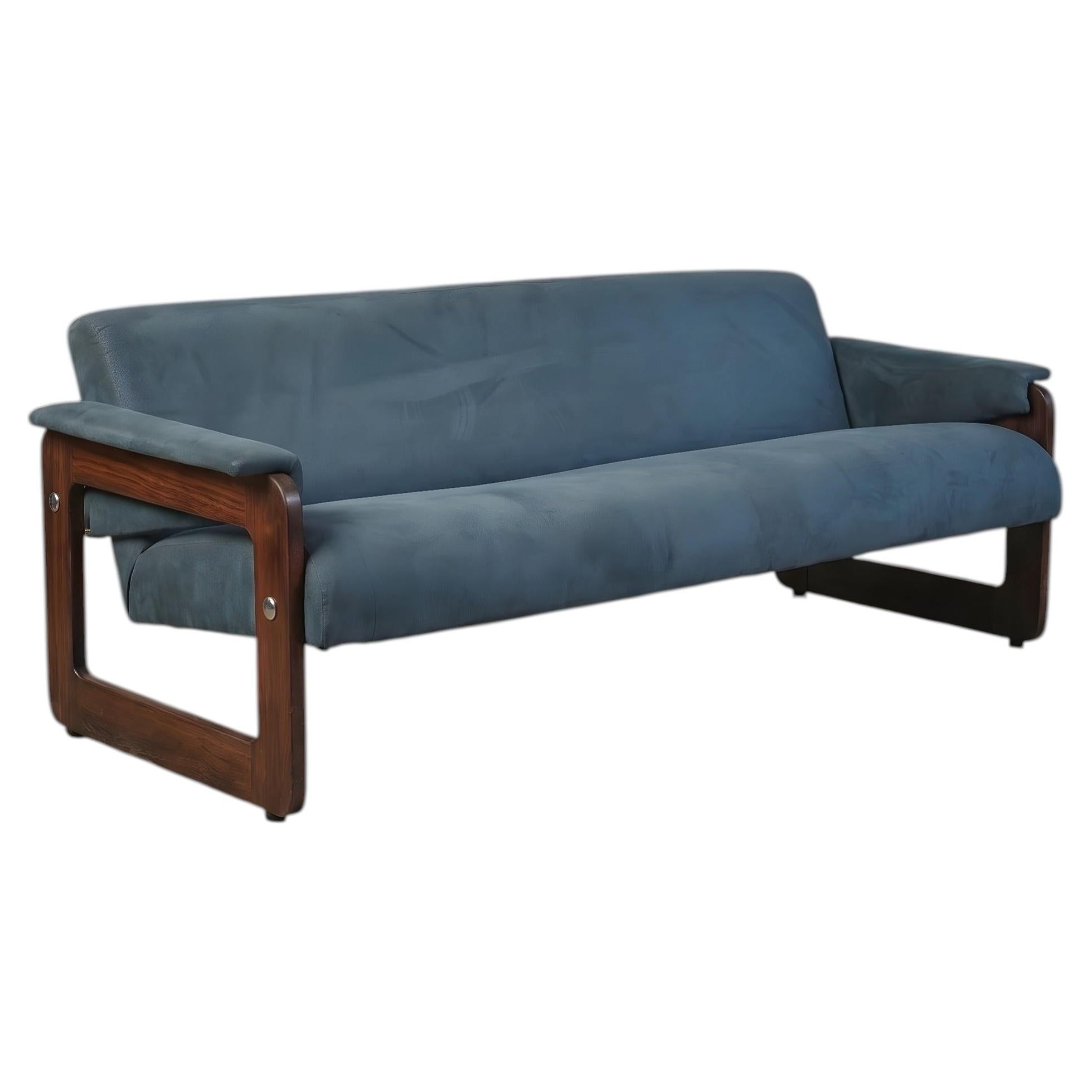Lafer Sofa MP-185 by Percival Lafer, Solid Wood Frame and Blue Suede Upholstery For Sale