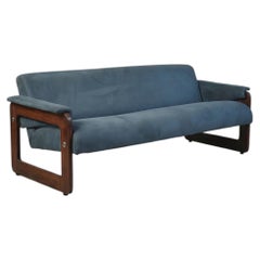 Lafer Sofa MP-185 by Percival Lafer, Solid Wood Frame and Blue Suede Upholstery