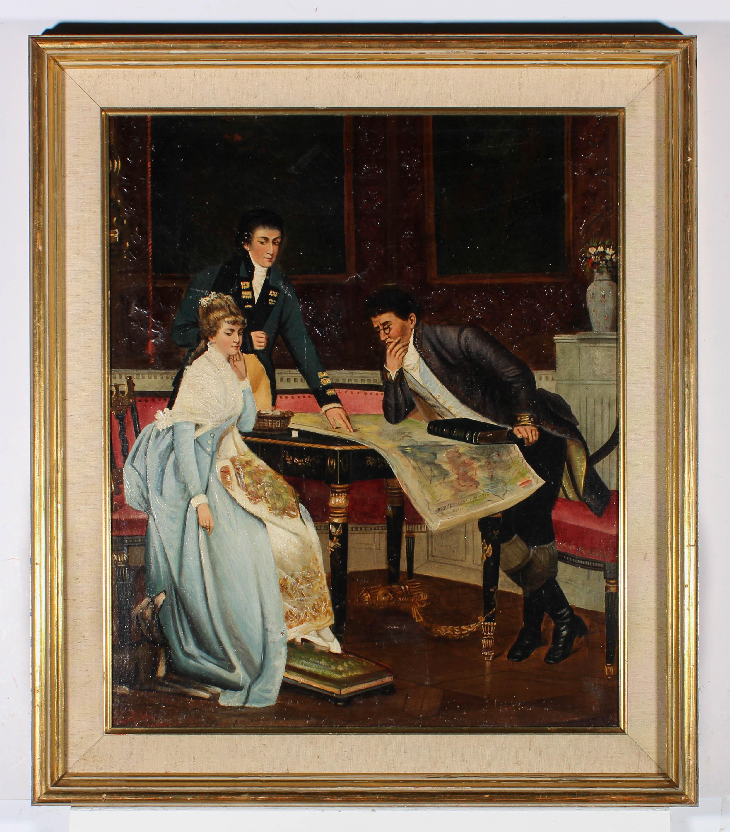 A fine French School genre scene showing a Regency interior, with two men and a woman leaning over a map on a table. The artist has signed to the lower left corner and the painting has been presented in a 20th Century gilt frame with linen slip. On