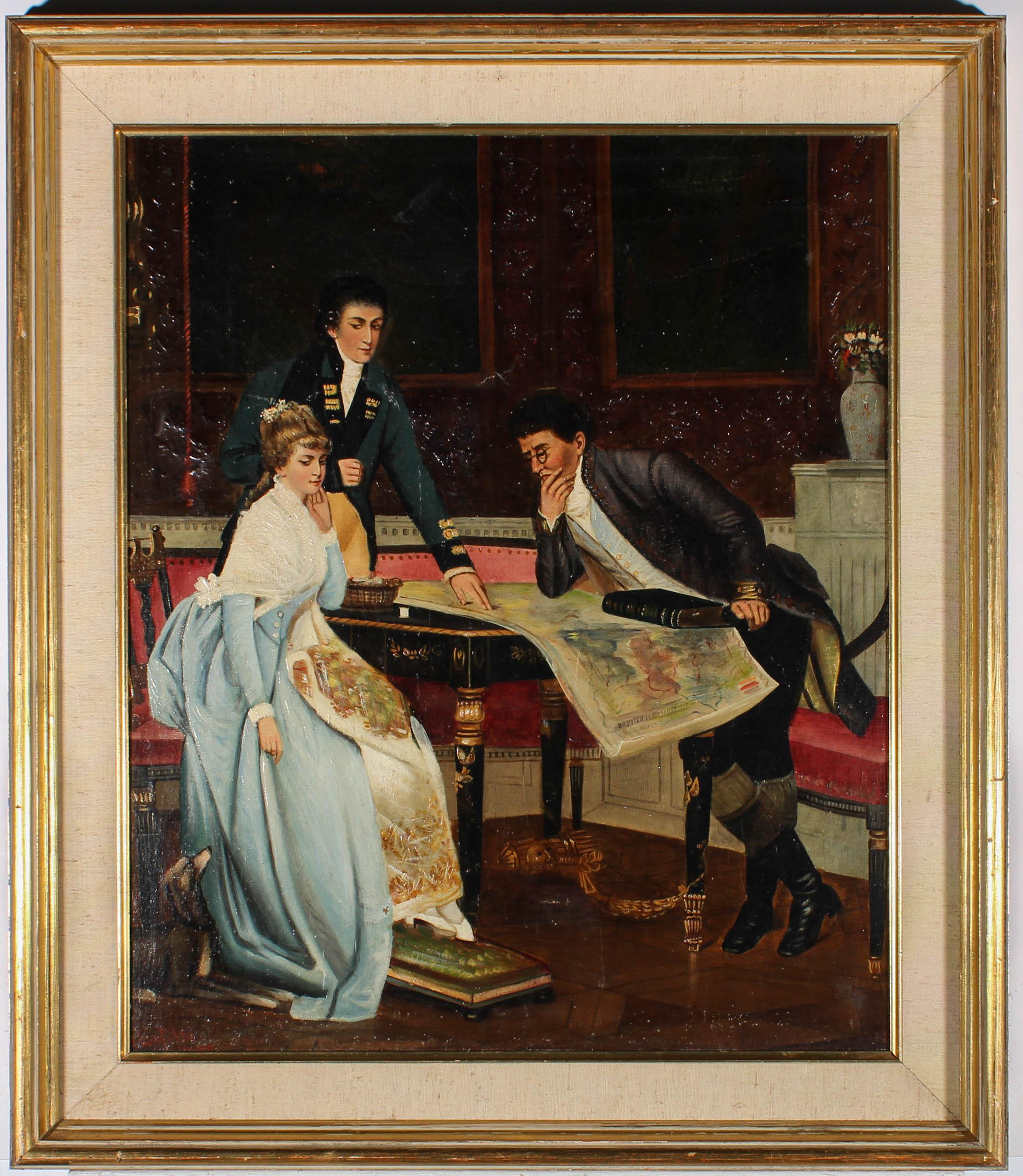 Eine schöne Genreszene der Französischen Schule, die ein Regency-Interieur zeigt, mit zwei Männern und einer Frau, die sich über eine Karte auf einem Tisch beugen. Der Künstler hat in der linken unteren Ecke signiert, und das Gemälde wird in einem