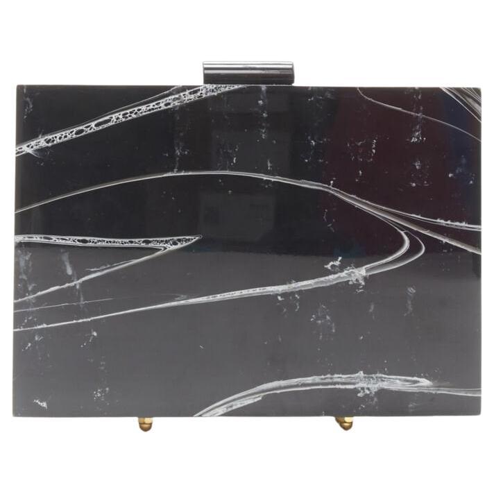 L'AFSHAR black white marble print acrylic gold hardware box clutch bag For Sale