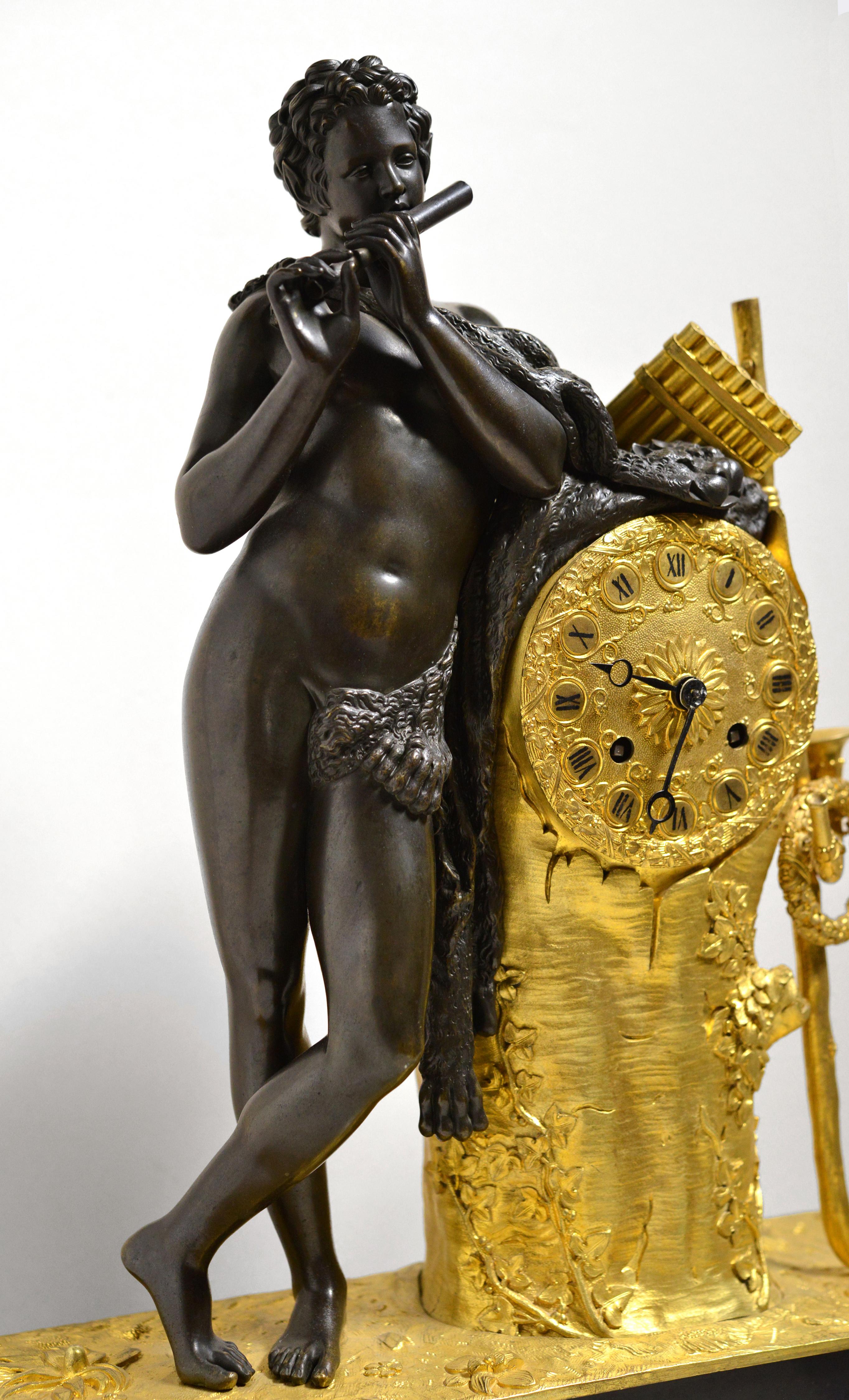 LaGarde Antique French Mantel Clock Gilt n Patina Bronze Shepherd Playing Flute In Good Condition For Sale In Sweden, SE