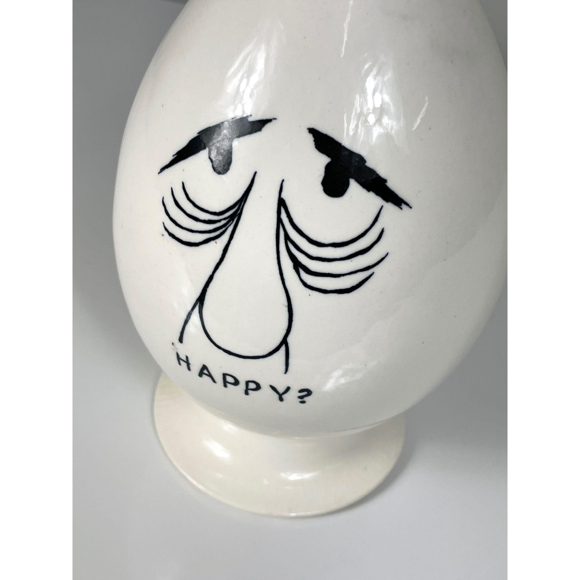Metà XX secolo Lagardo Tackett Happy White Ceramic Egg Head Stash Jar Condom Holder 1959 in vendita