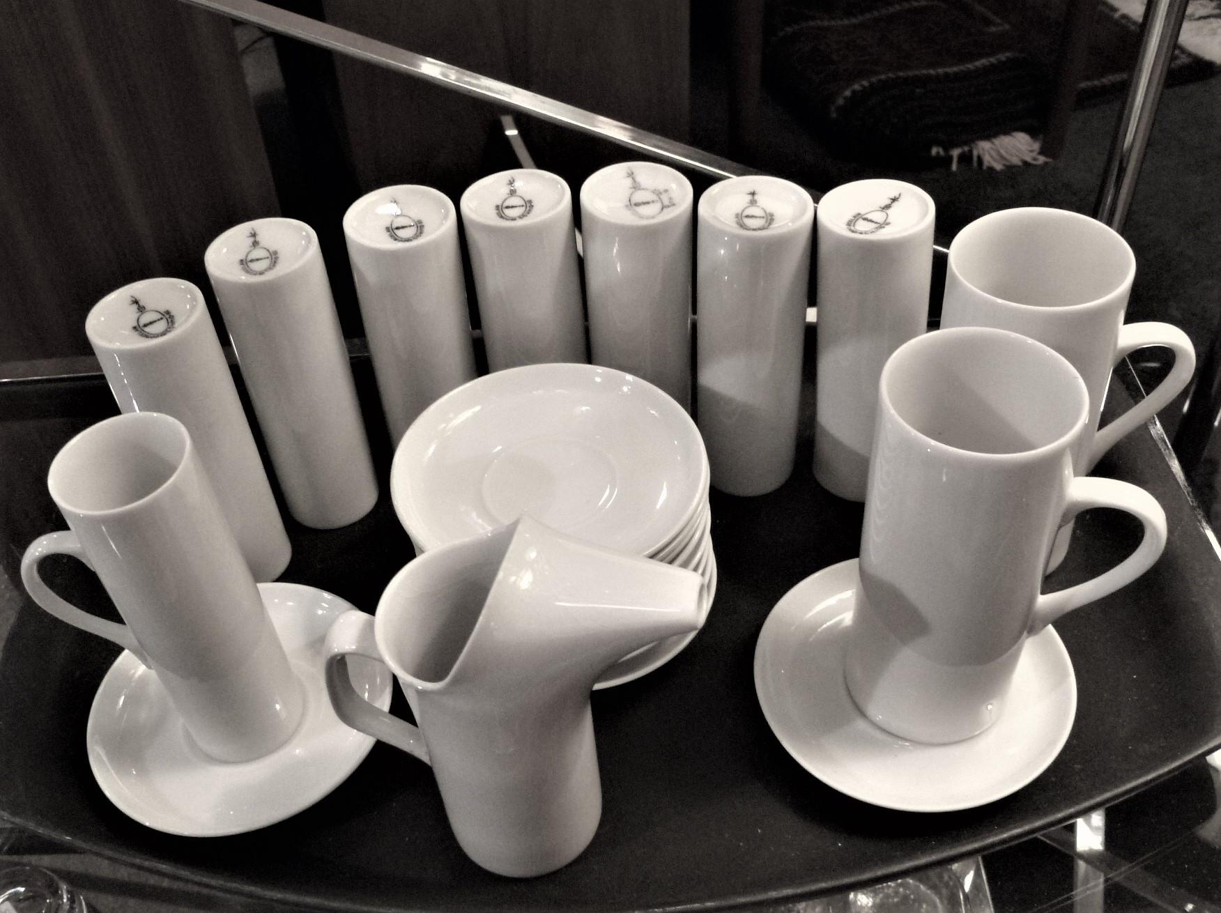 Porcelain LaGardo Tackett 'Tack' Modern Grouping of White Cups and Saucers Plus Creamer