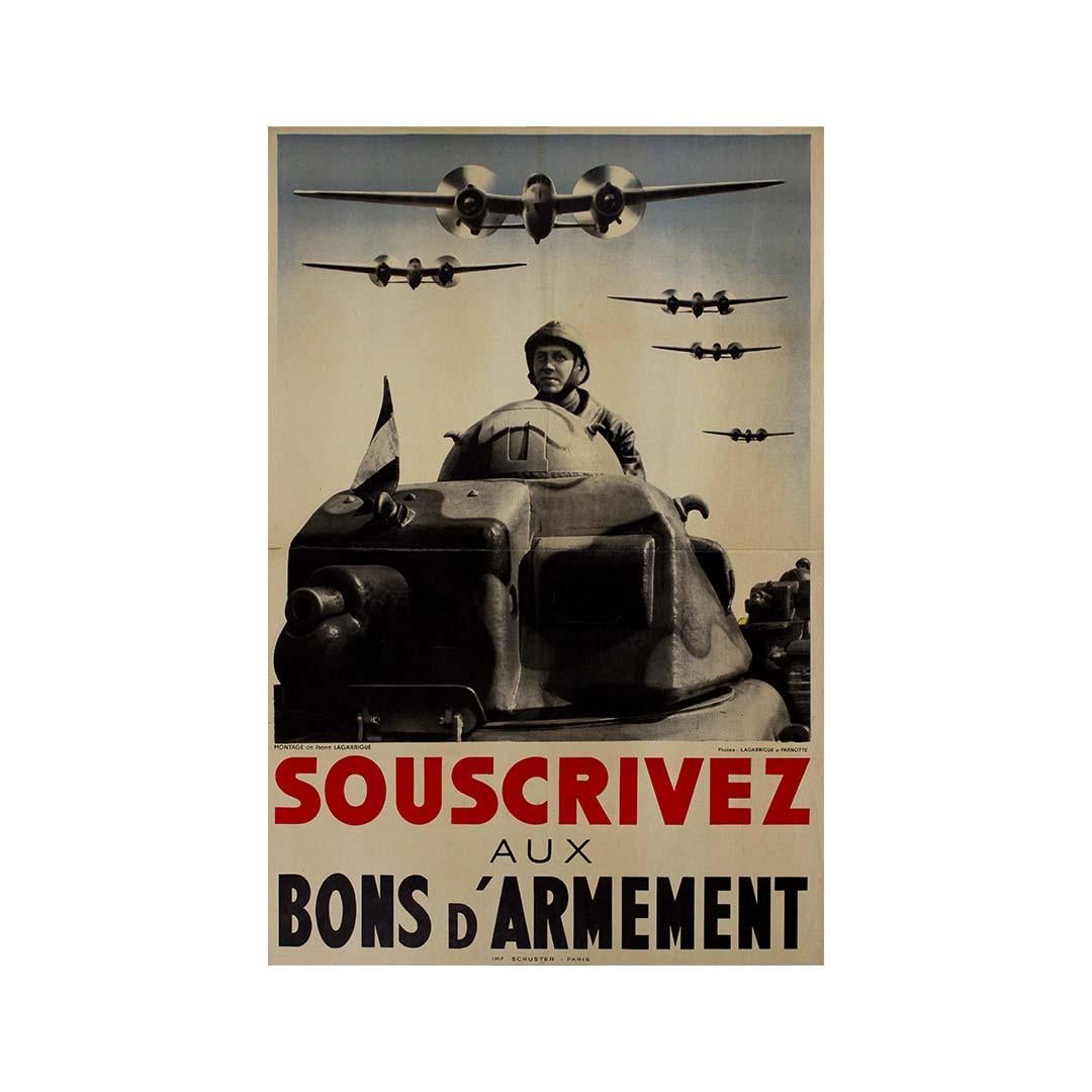 A powerful piece of wartime visual propaganda, this original circa 1940 French poster, designed by Lagarrigue and photographed by Parnotte, boldly calls on citizens to “Souscrivez aux Bons d’Armement” — Subscribe to Armament Bonds. Created during